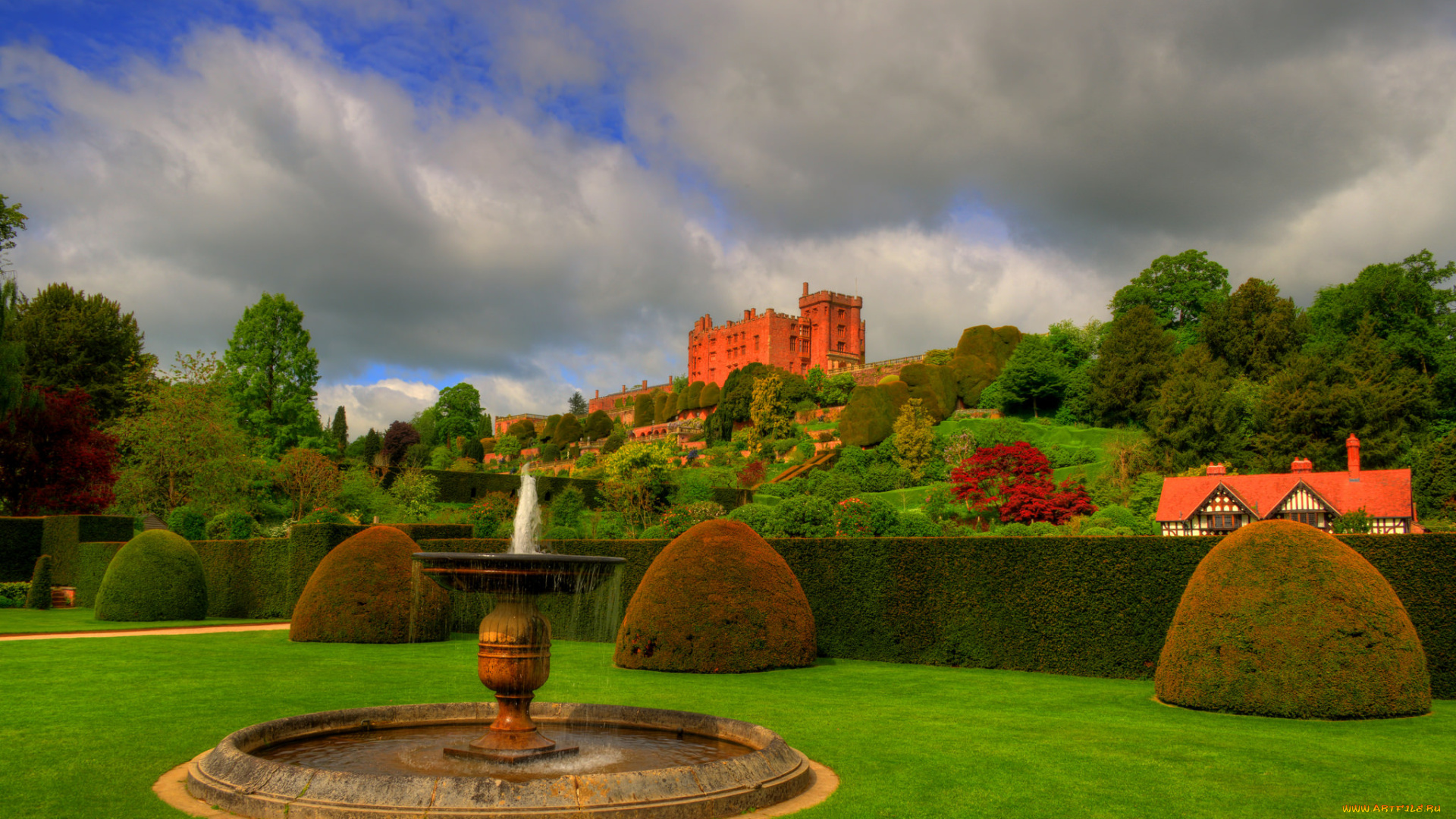 powis, castle, города, замки, англии, парк, холм, замок