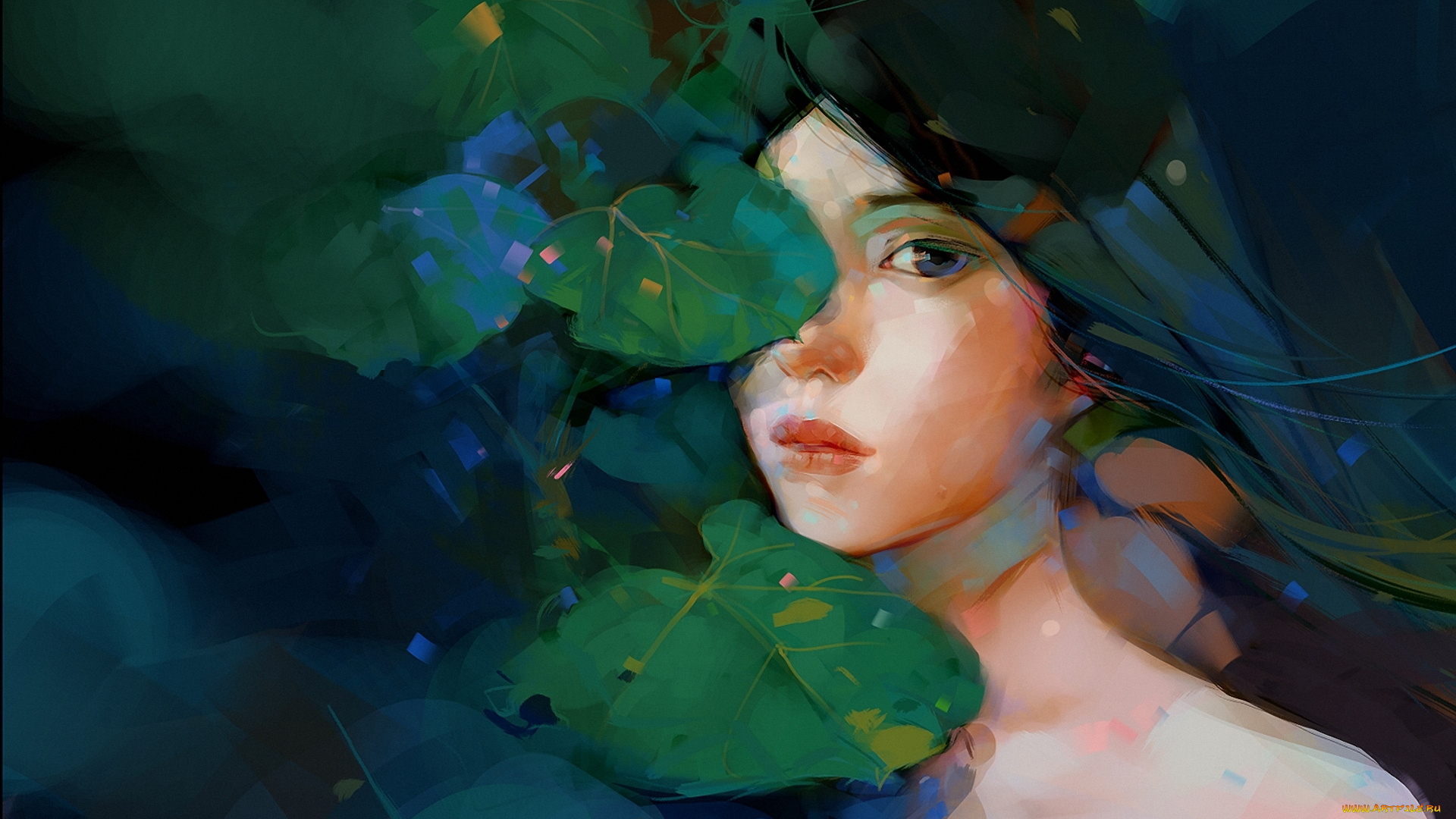 рисованное, люди, девушка, взгляд, листья