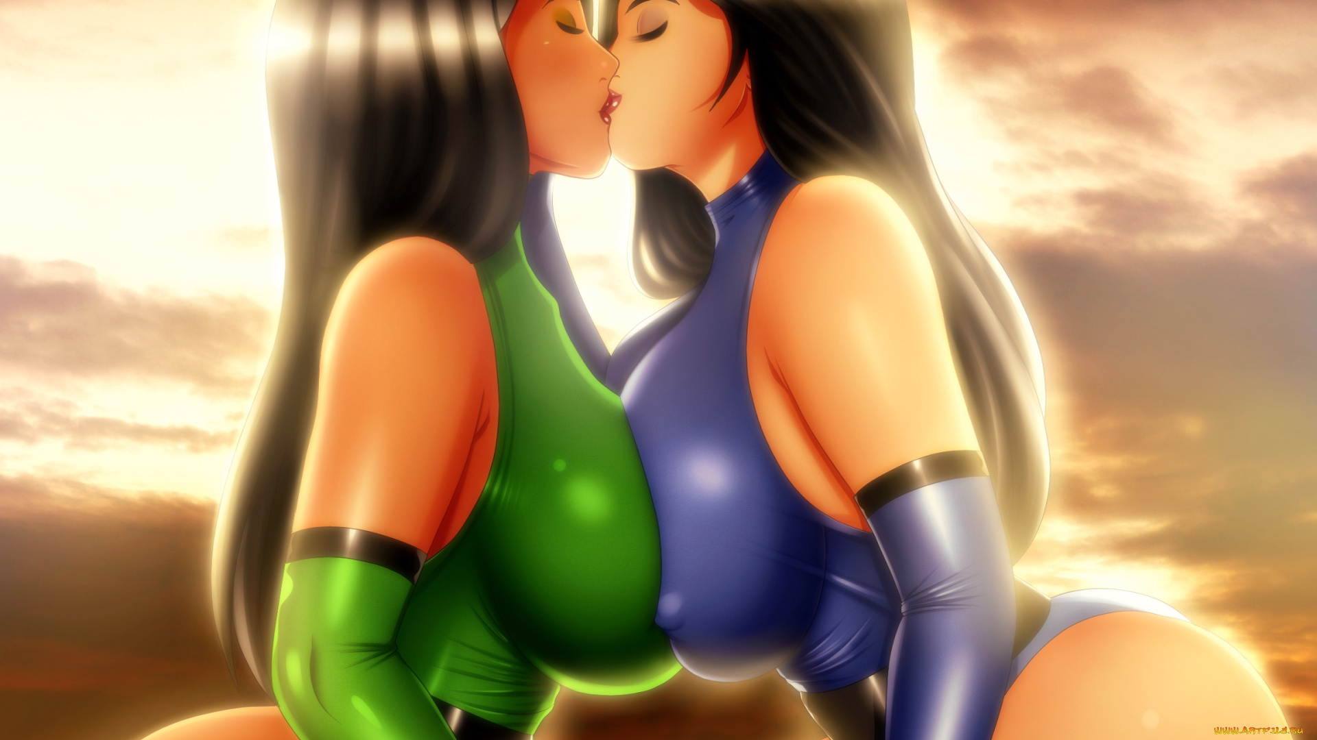 рисованное, люди, девушки, взгляд, фон, поцелуй