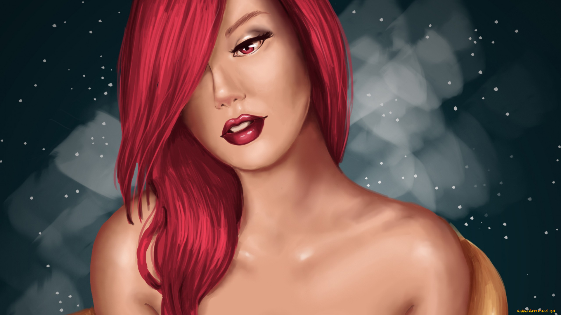 рисованное, люди, макияж, губы, девушка, плечи, взгляд, фон, помада, красные, волосы