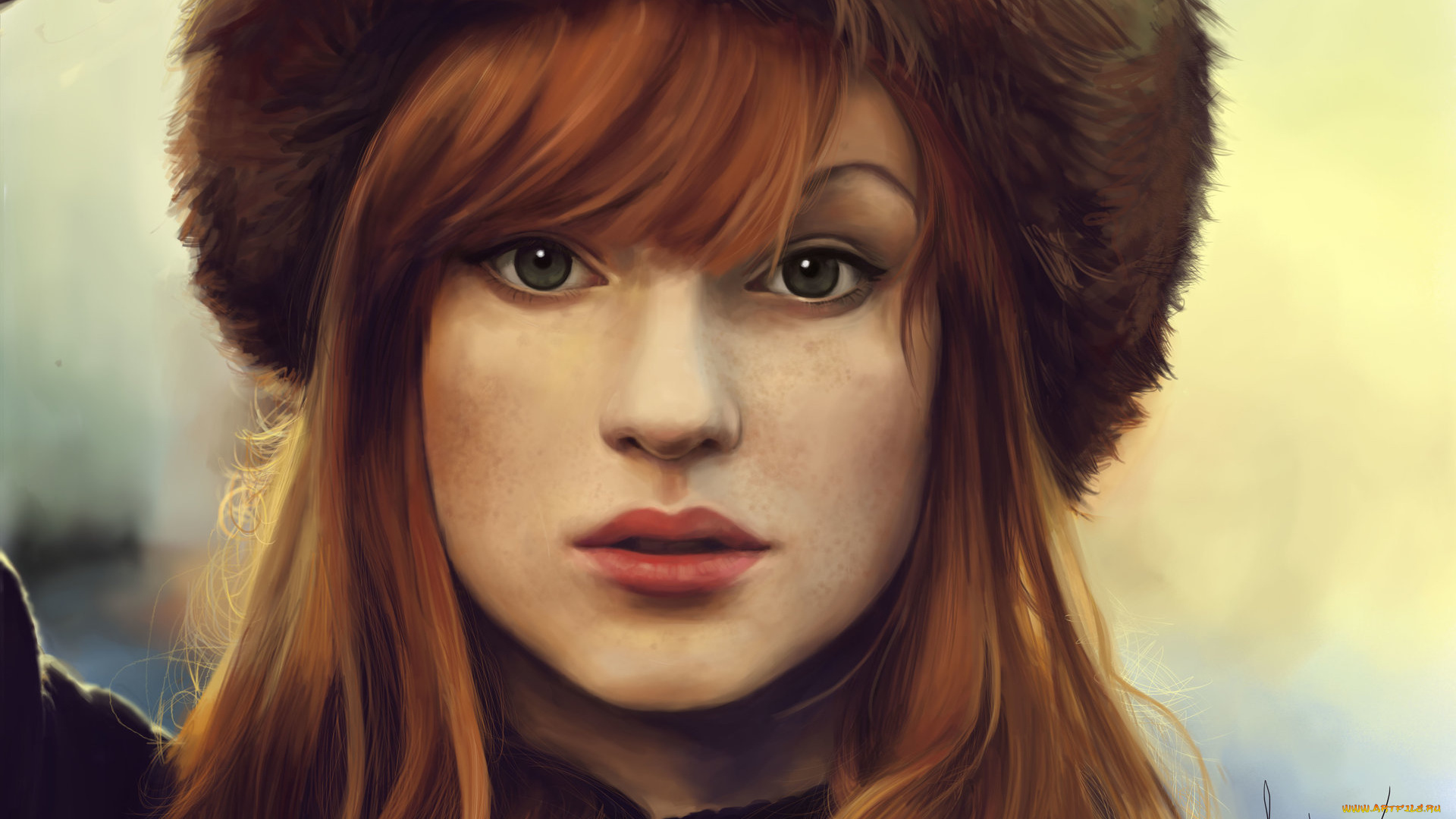 рисованное, люди, шапка, взгляд, веснушки, рыжая, портрет, девушка, арт