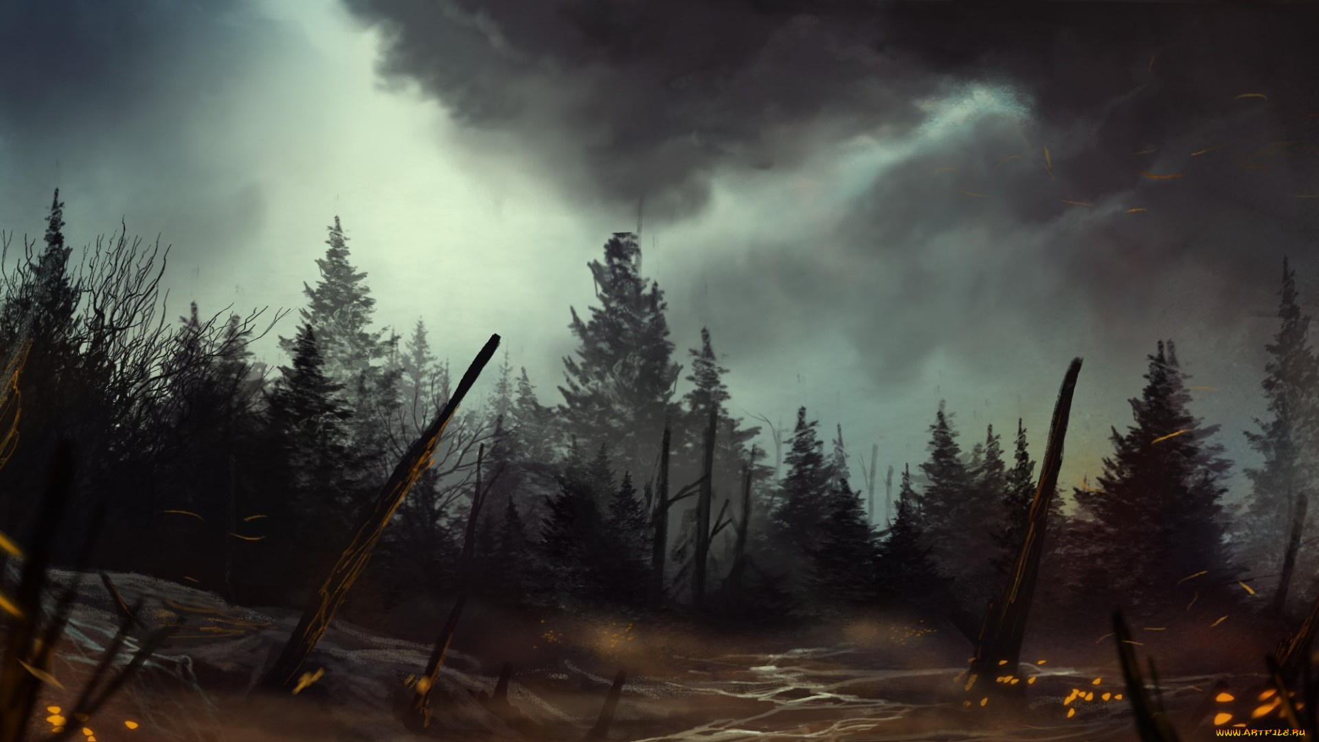 рисованное, природа, ночь, лес