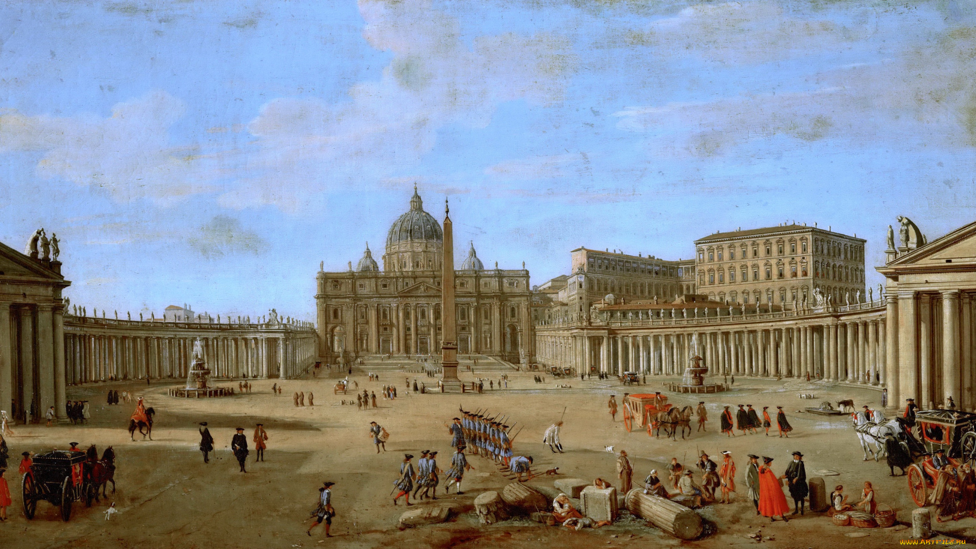 рисованное, живопись, ватикан, рим, город, saint, peters, basilica, in, rome, gaspar, van, wittel, люд, площадь, пейзаж, картина