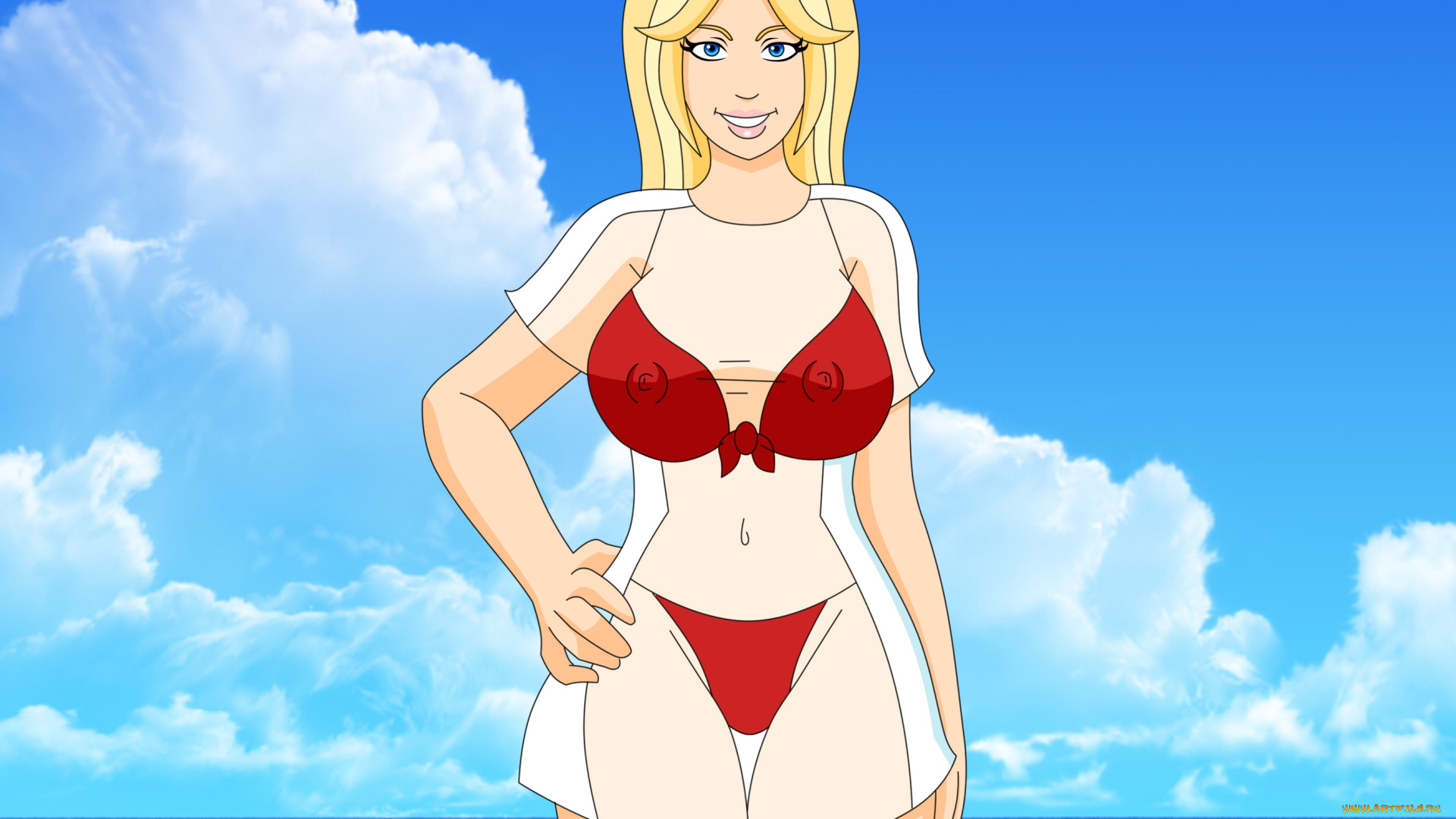 векторная, графика, девушки, , girls, девушка, взгляд, фон, купальник, облака