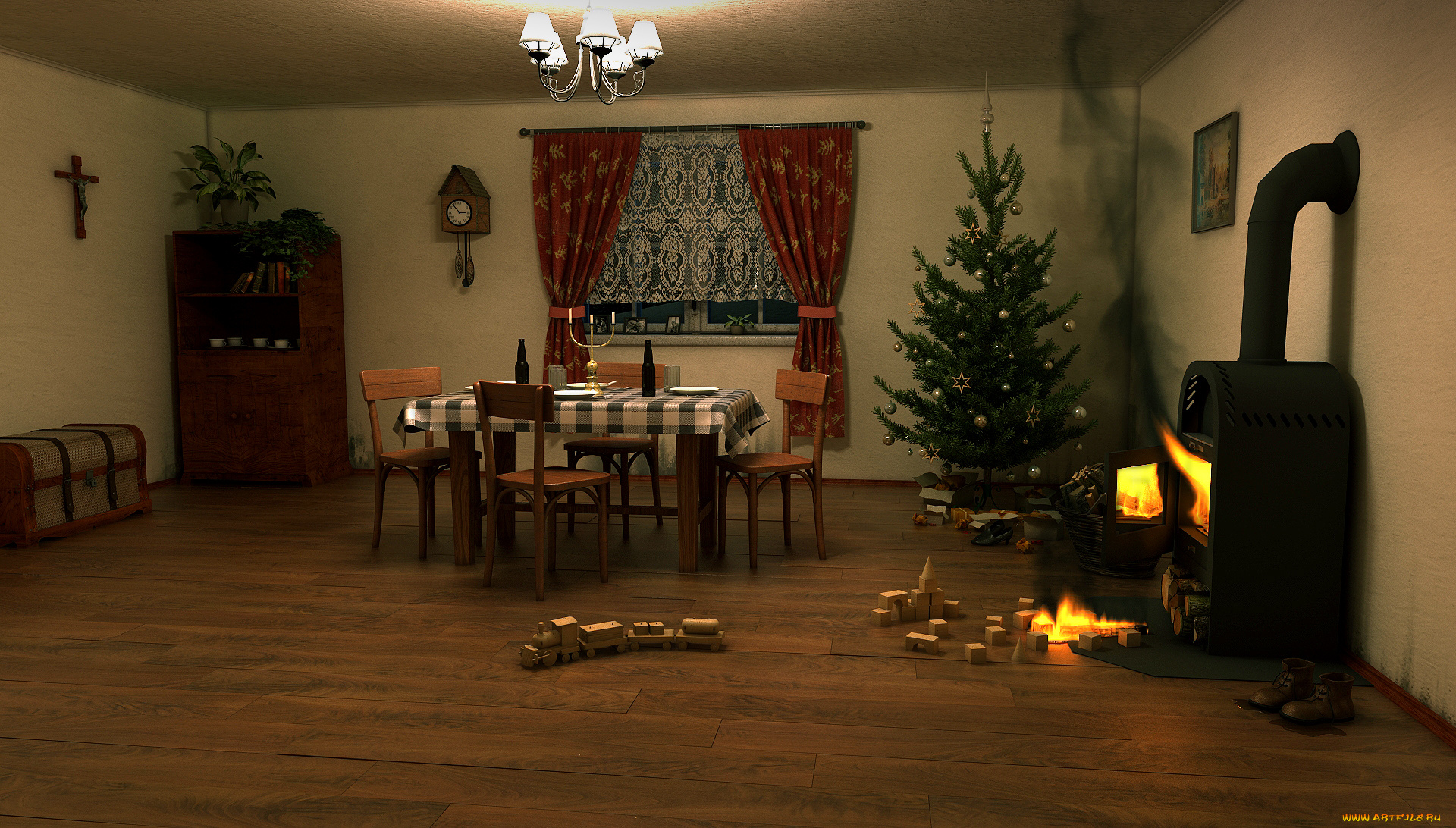 3д, графика, реализм, , realism, стол, ель, комната, шторы, окно, часы, комод, интерьер, камин
