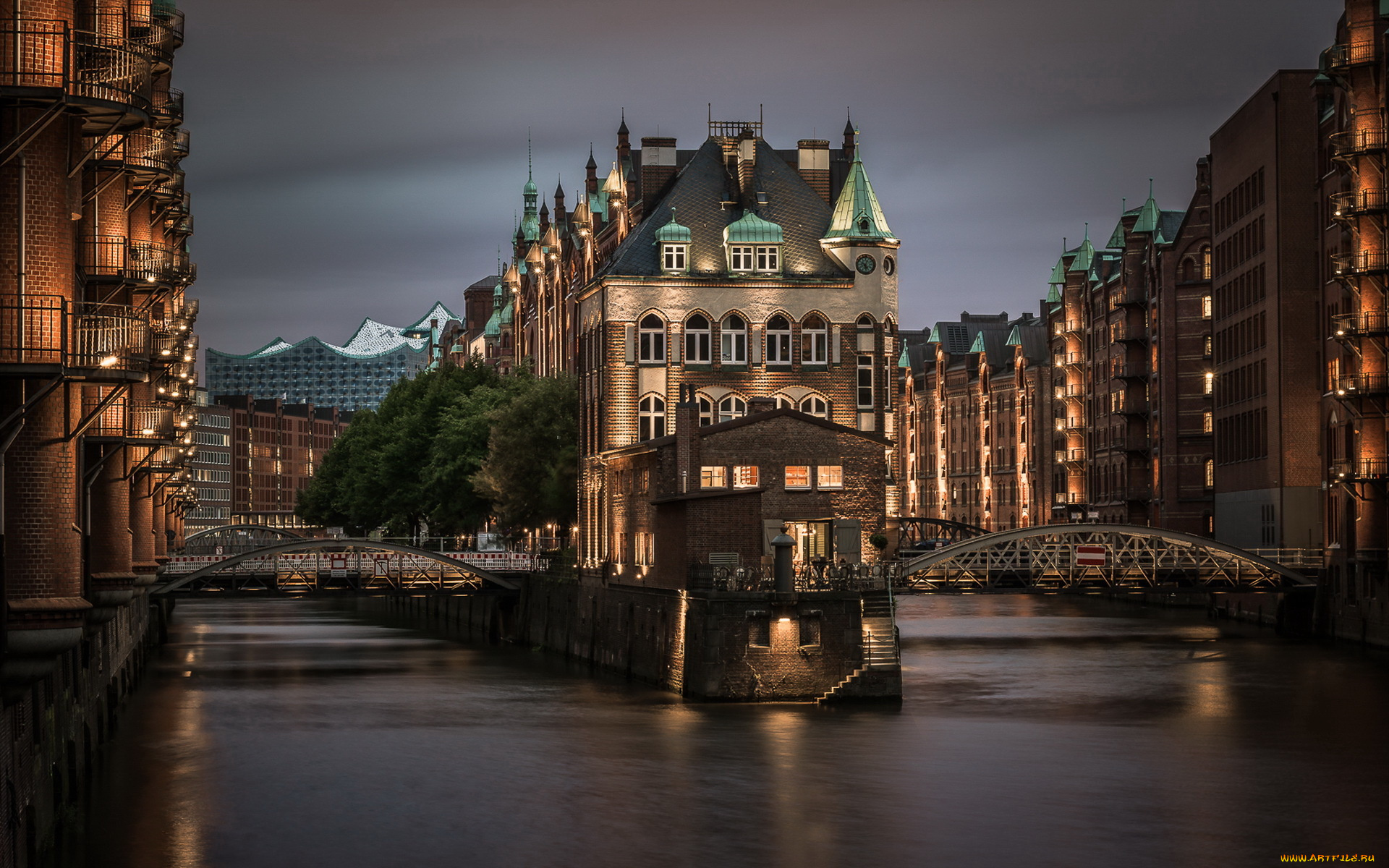 города, гамбург, , германия, hamburg, город, ночь