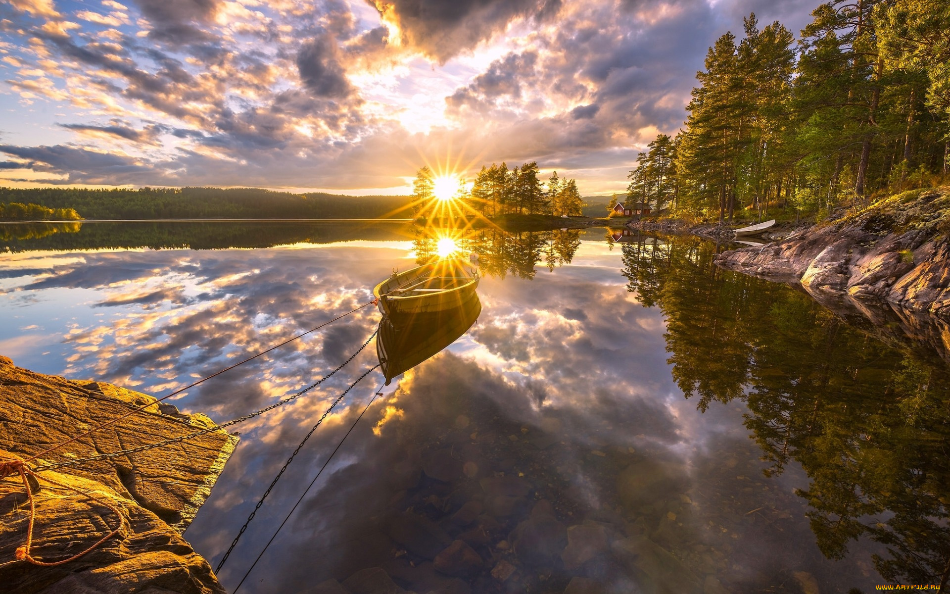 корабли, лодки, , шлюпки, деревья, отражение, лодка, закат, озеро, рингерике, норвегия, norway, ringerike