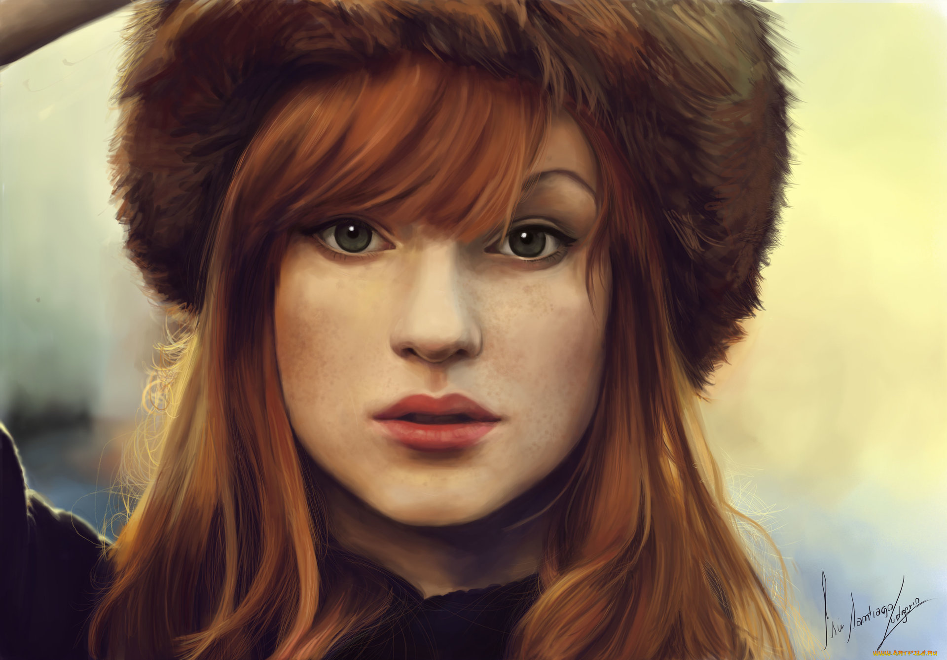 рисованное, люди, шапка, взгляд, веснушки, рыжая, портрет, девушка, арт