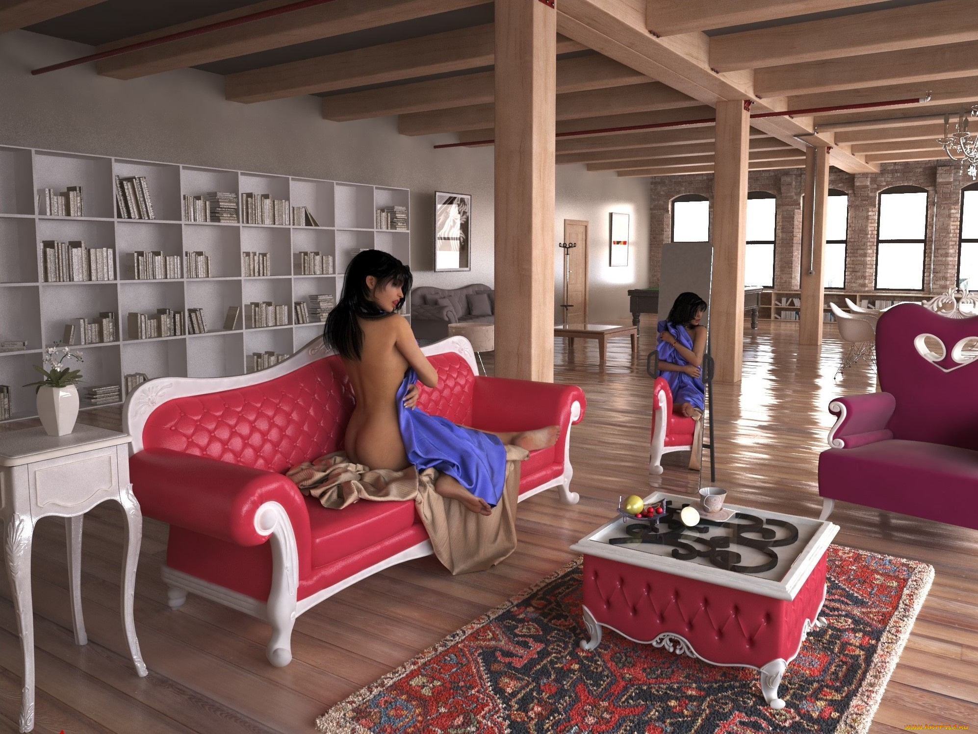 3д, графика, люди, , people, диван, интерьер, фон, взгляд, девушка, подушка