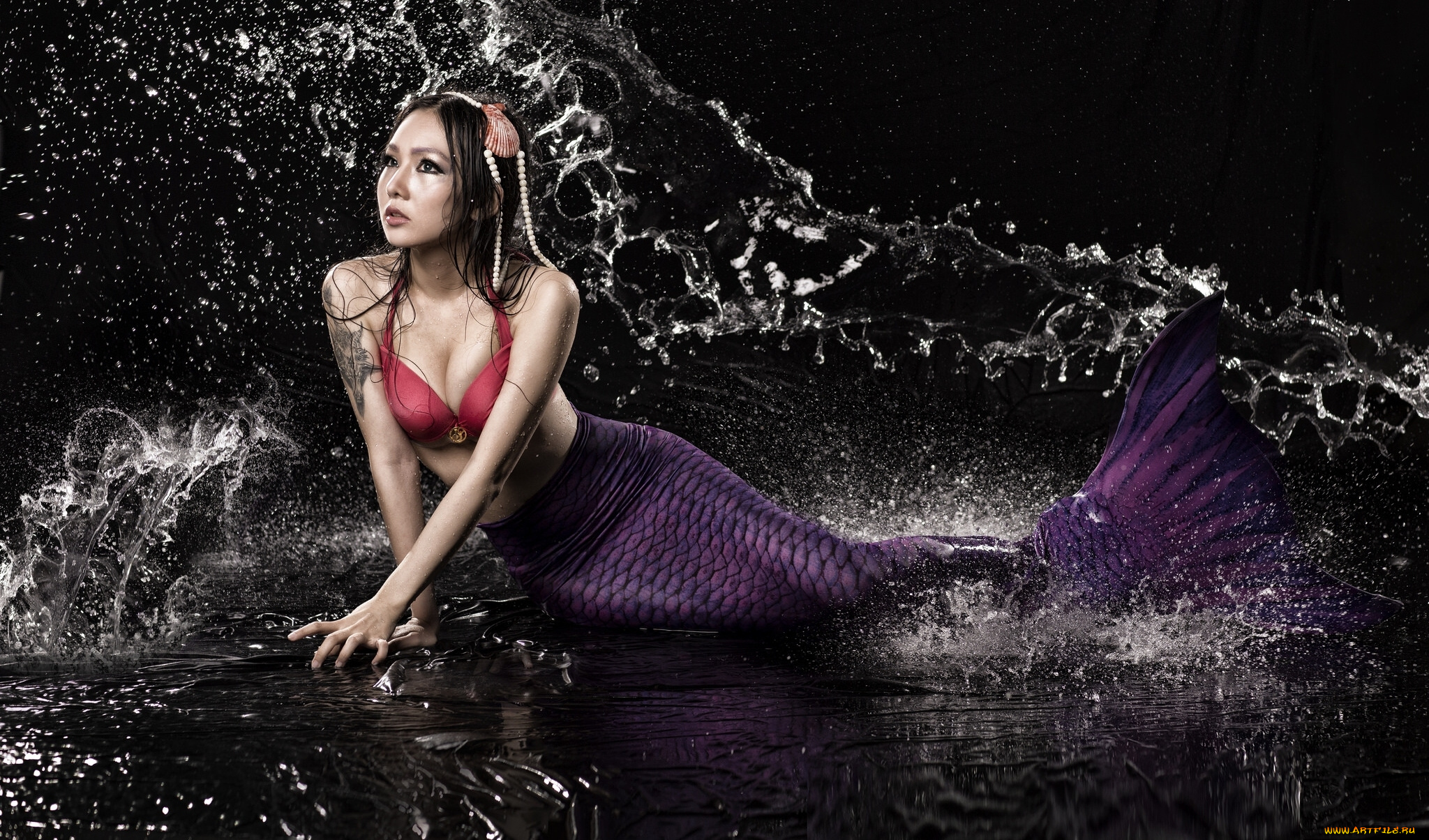 девушки, -unsort, , креатив, брызги, русалка, вода, грудь, поза, азиатка