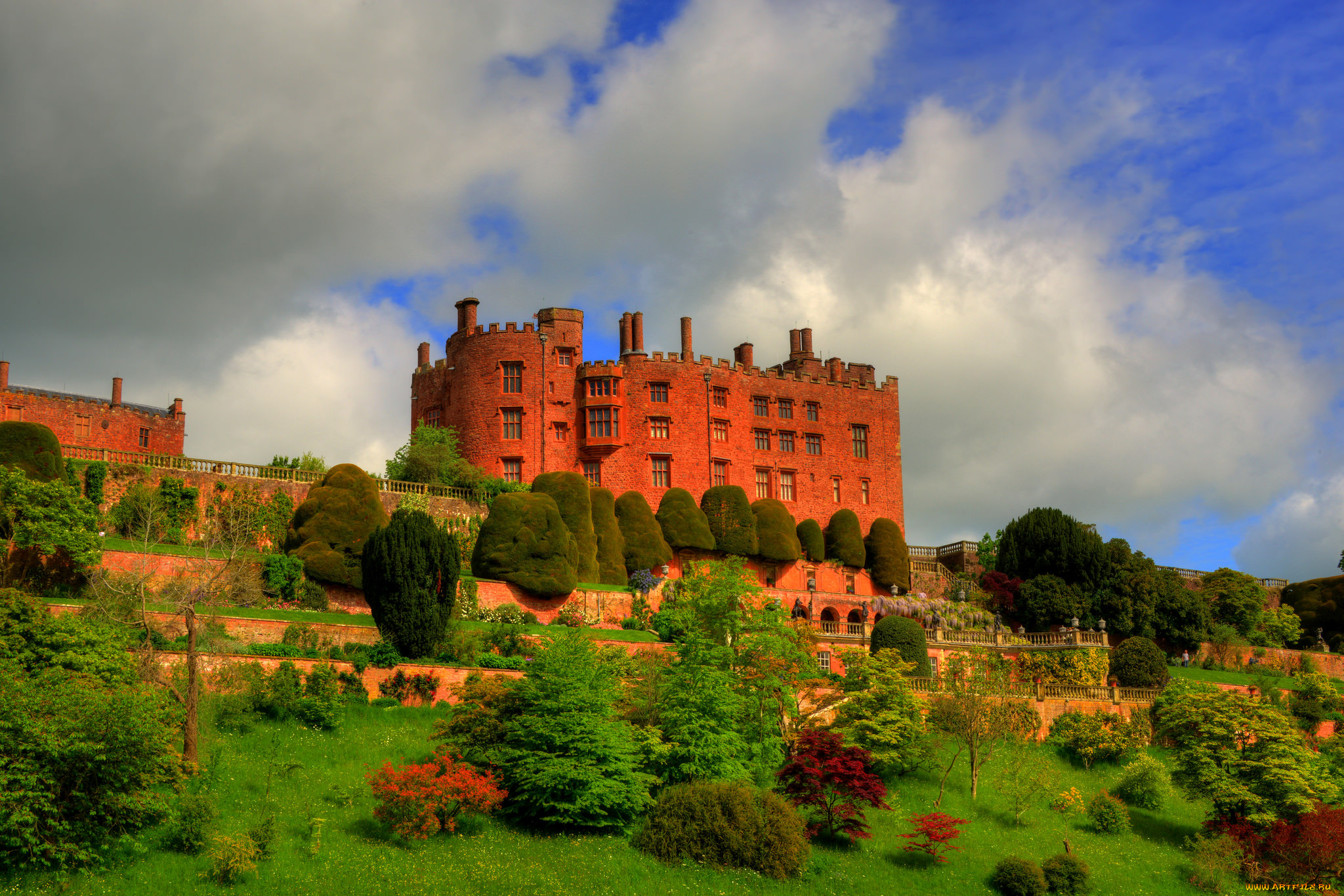 powis, castle, города, замки, англии, замок, парк, холм
