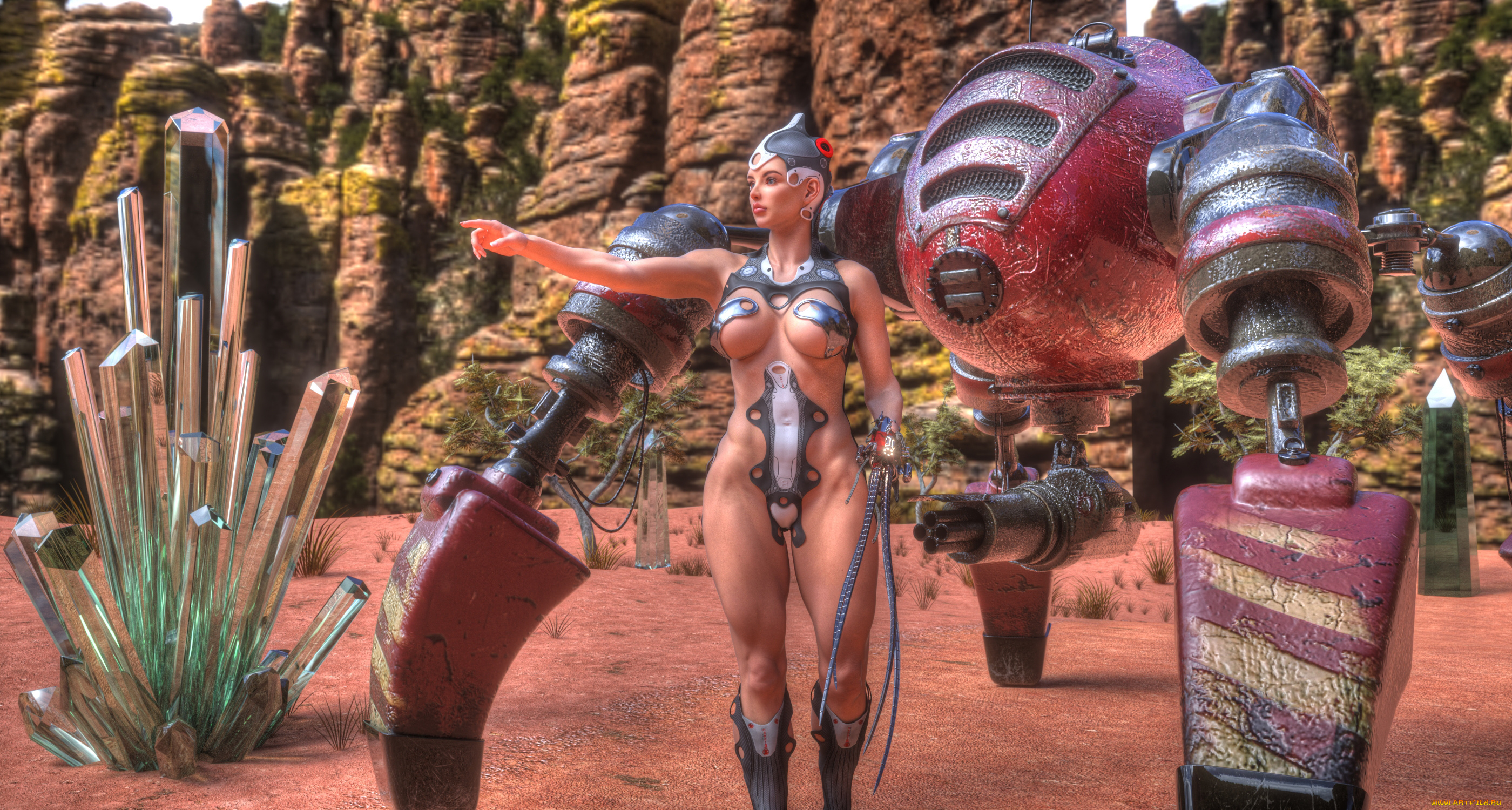 3д, графика, фантазия, , fantasy, кристалы, фон, взгляд, девушка