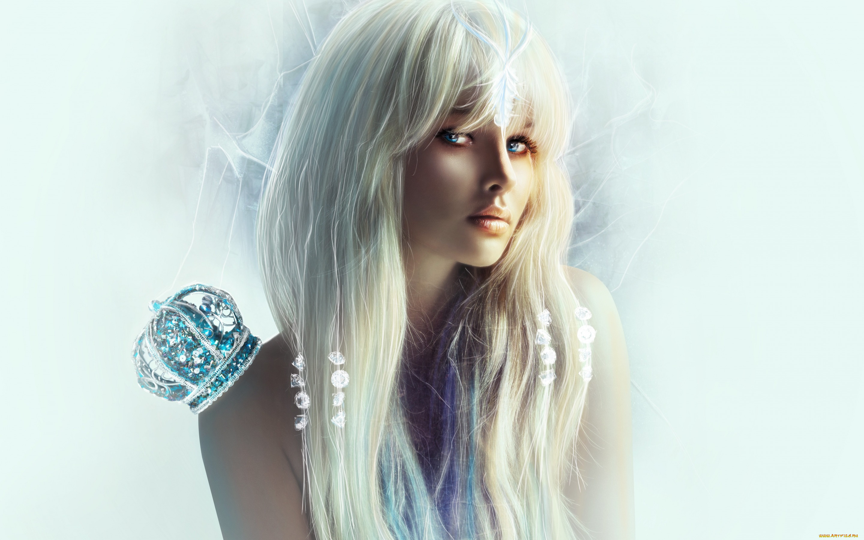 девушки, -unsort, , креатив, взгляд, блондинка, девушка, камни, корона, плечи, фон, глаза