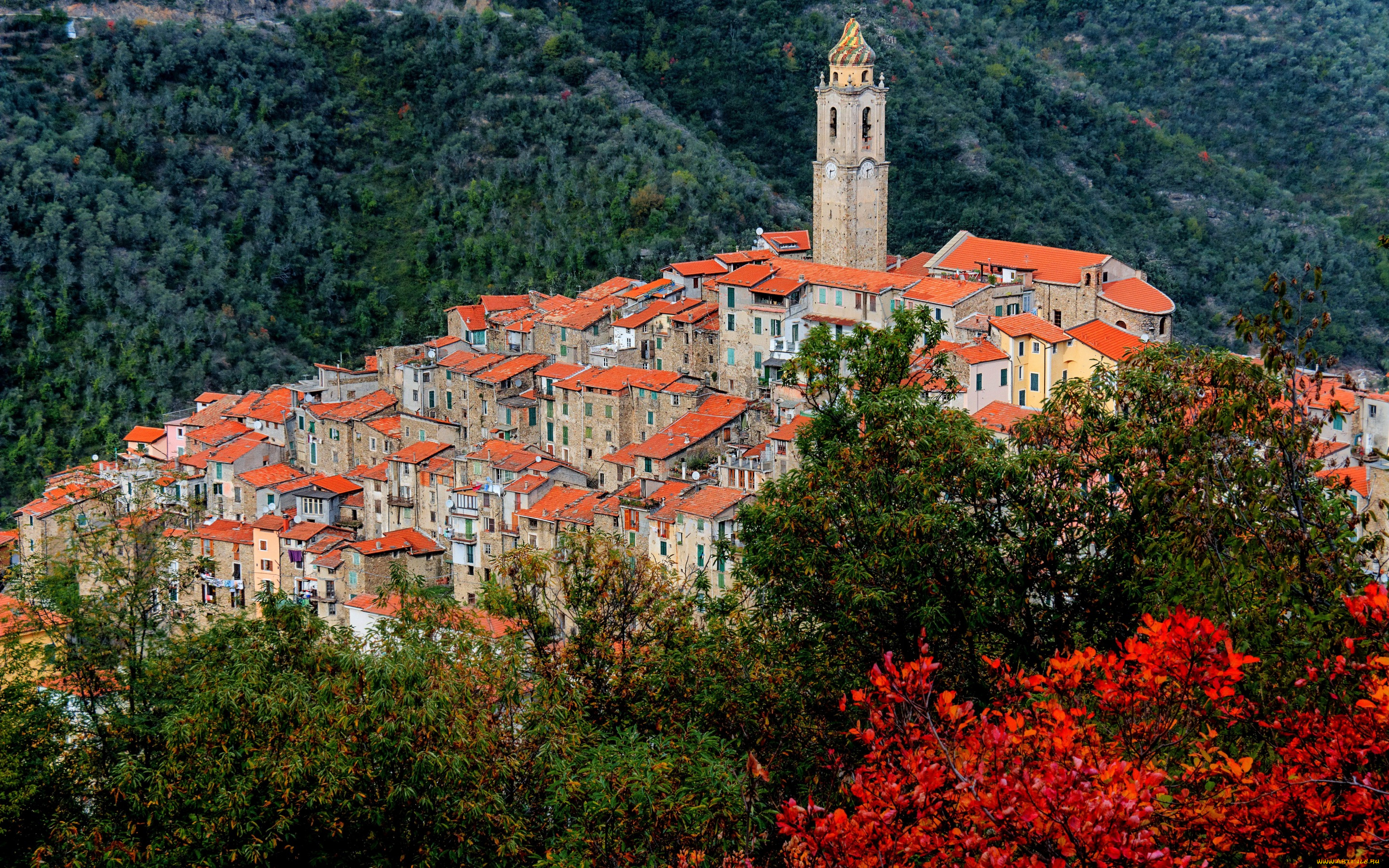 города, -, католические, соборы, , костелы, , аббатства, castel, vittorio, италия, башня, крыши, дома, liguria, деревья, горы, лес, часы, вид, сверху