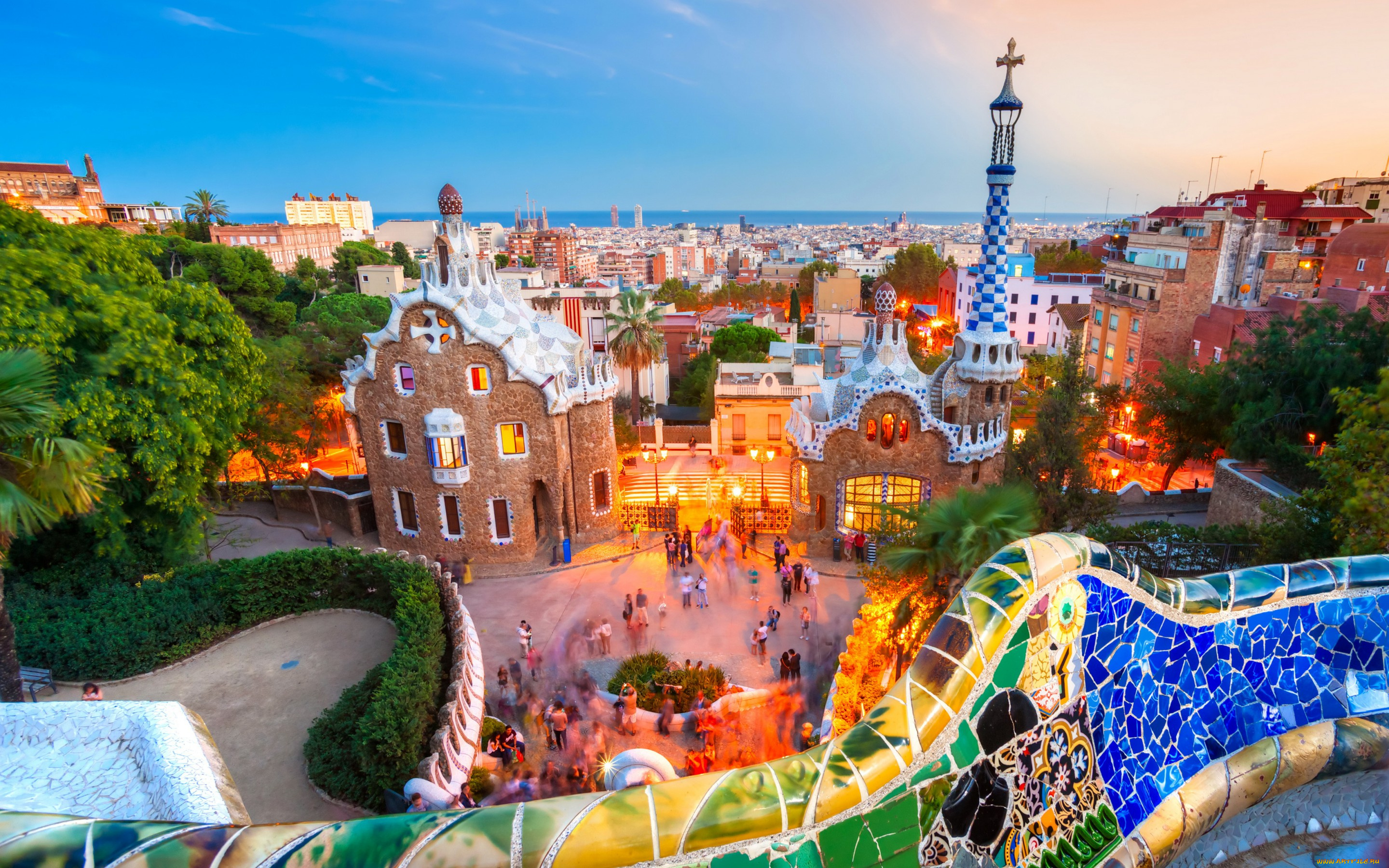 города, барселона, , испания, фонари, вечер, огни, закат, барселона, дома, парк, дизайн, море, горизонт