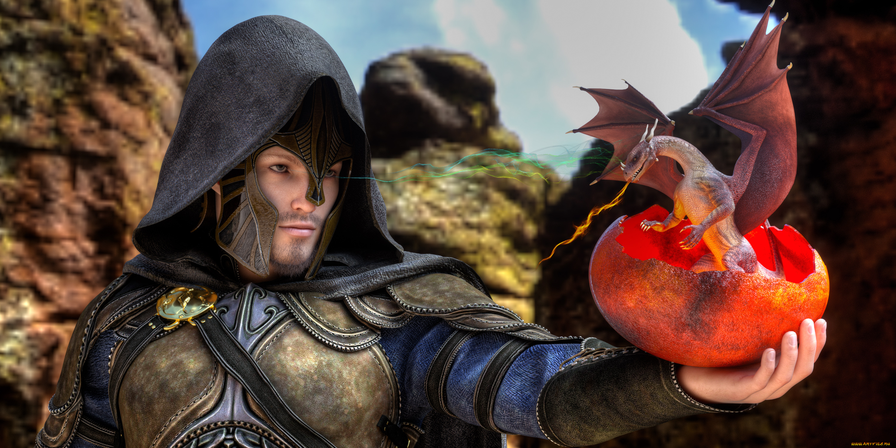 3д, графика, фантазия, , fantasy, дракон, фон, взгляд, мужчина