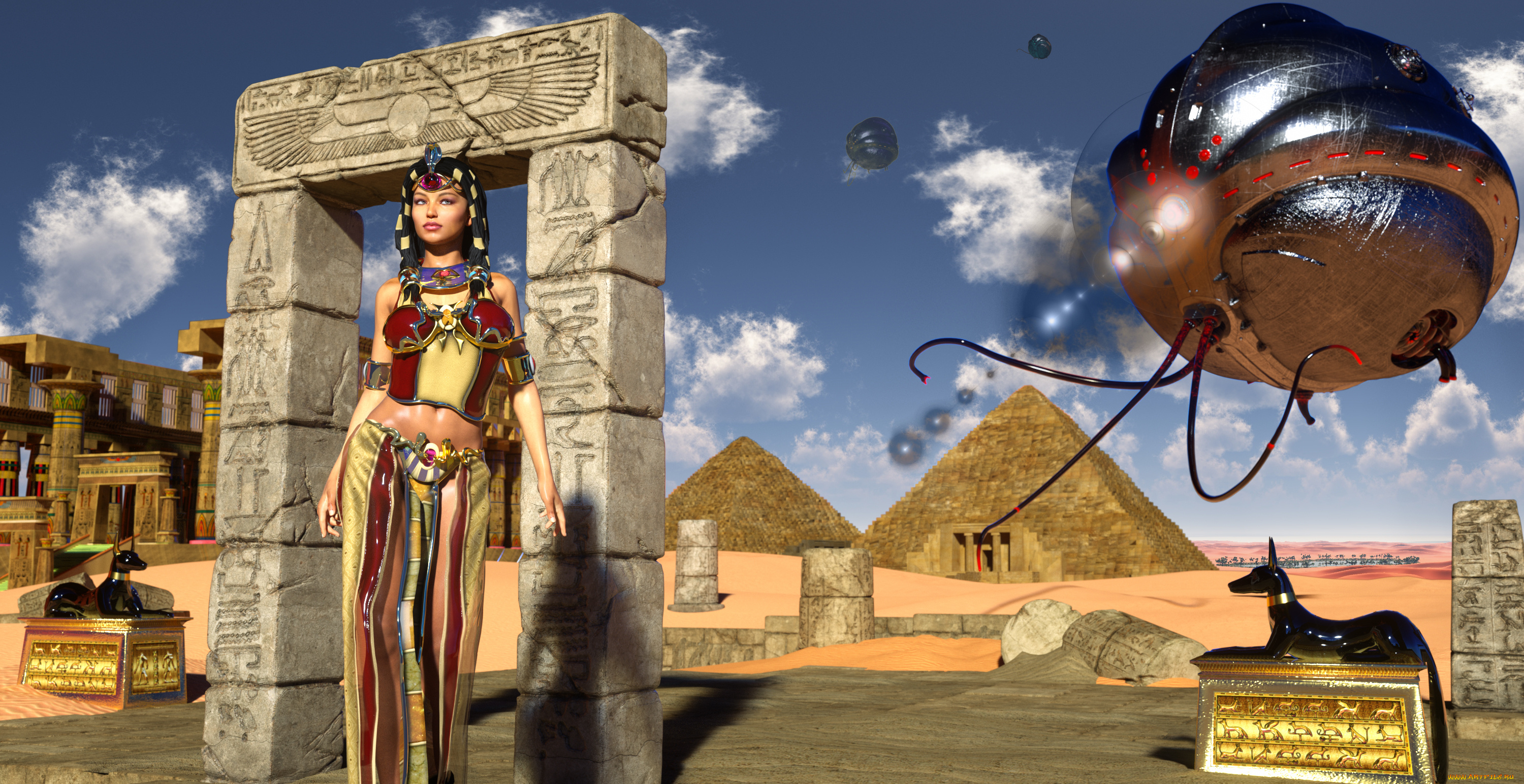 3д, графика, фантазия, , fantasy, пирамиды, фон, взгляд, девушка