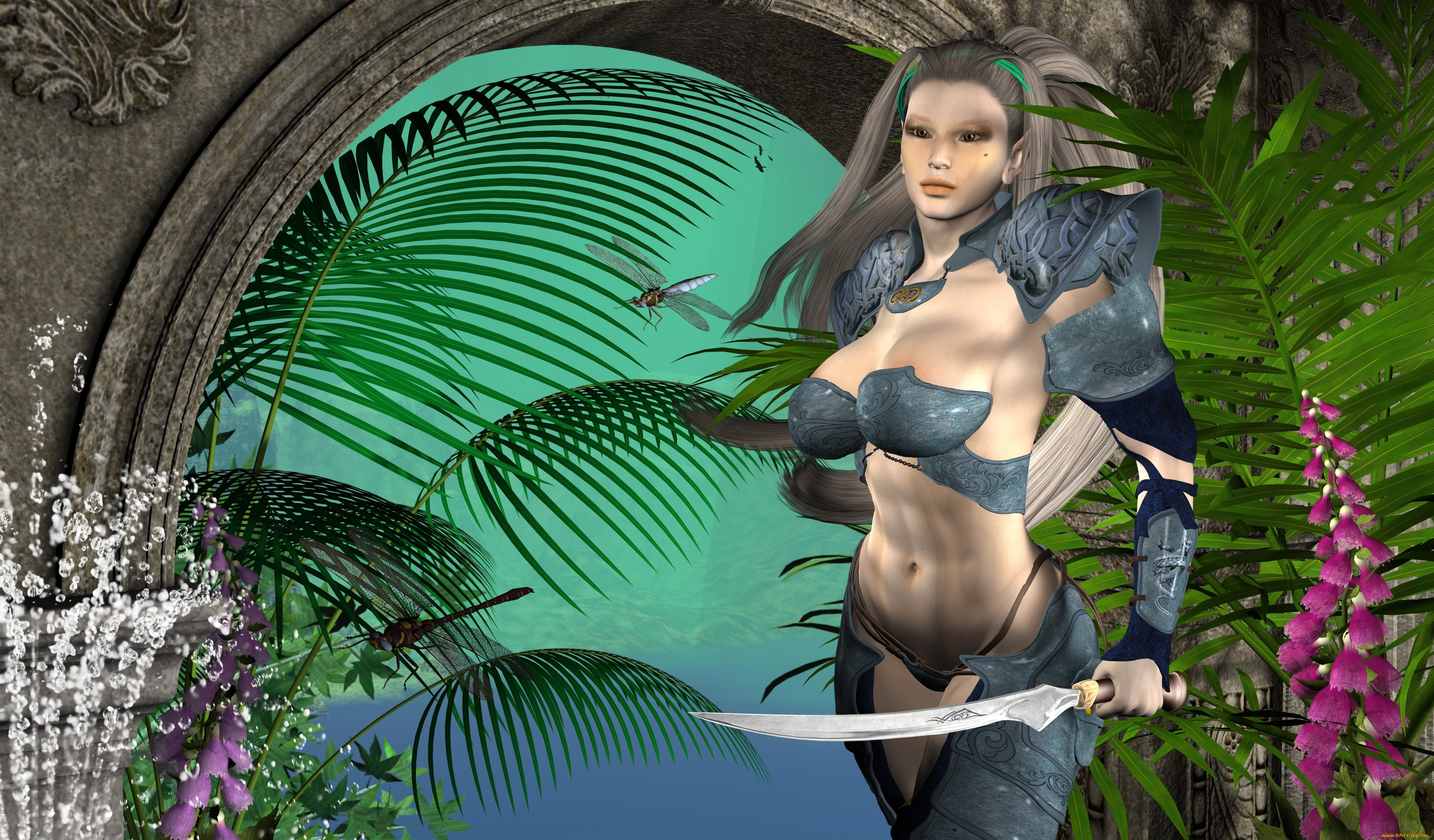 3д, графика, фантазия, , fantasy, стрекозы, цветы, оружие, фон, взгляд, девушка