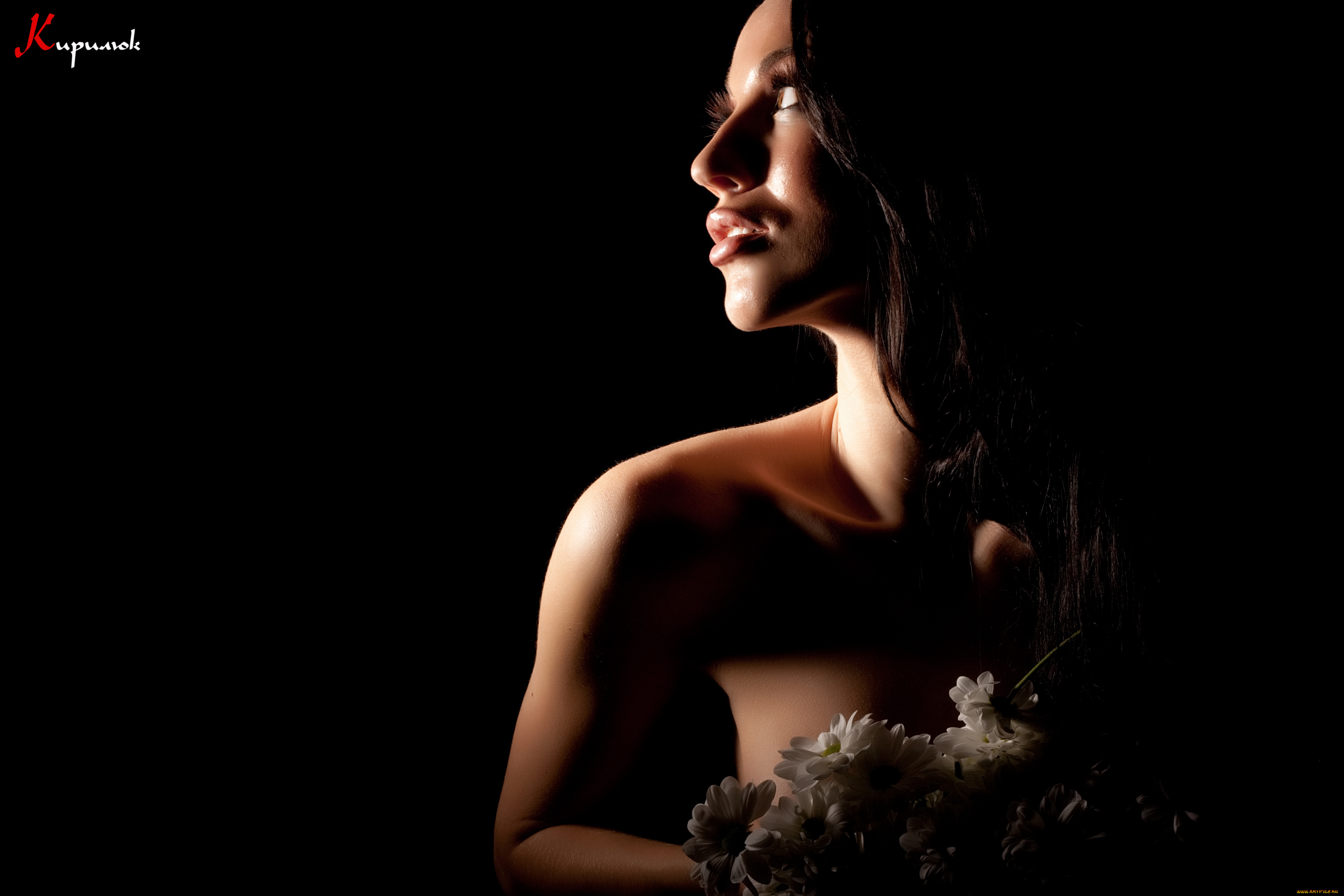 девушки, -unsort, , брюнетки, , шатенки, черный, фон, улыбка, свет, цветы, профиль