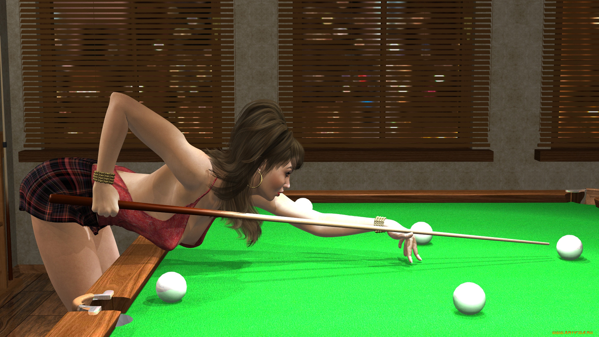 3д, графика, люди, , people, шары, интерьер, стол, фон, девушка, взгляд, кий, бильярд