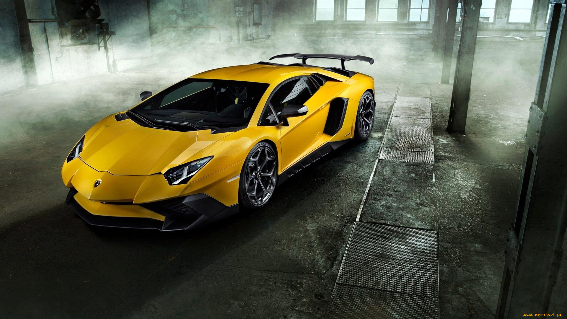 автомобили, lamborghini, ламборгини, aventador, желтый, дым, здание