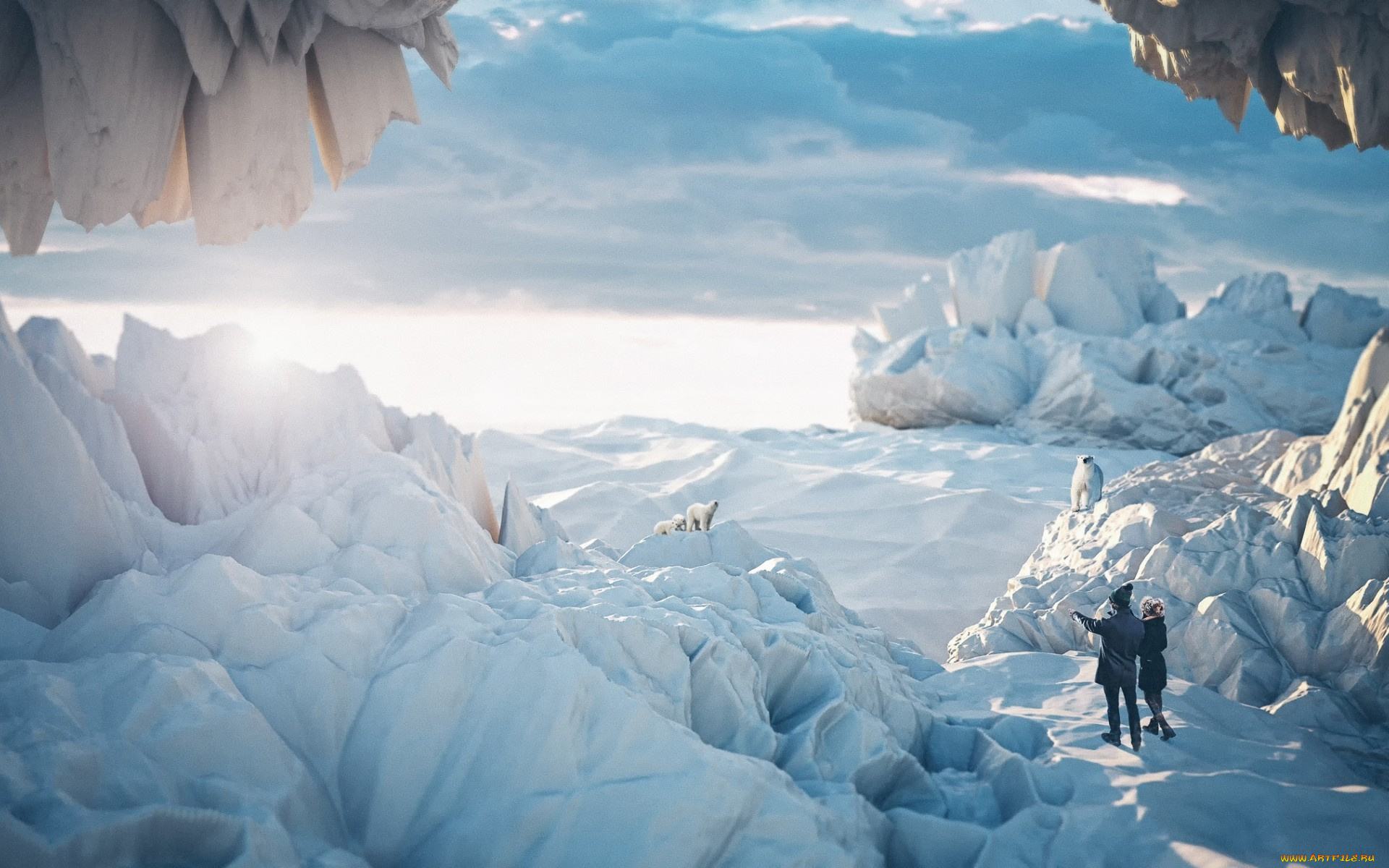 разное, компьютерный, дизайн, снег, белые, медведи, люди, полюс, лед