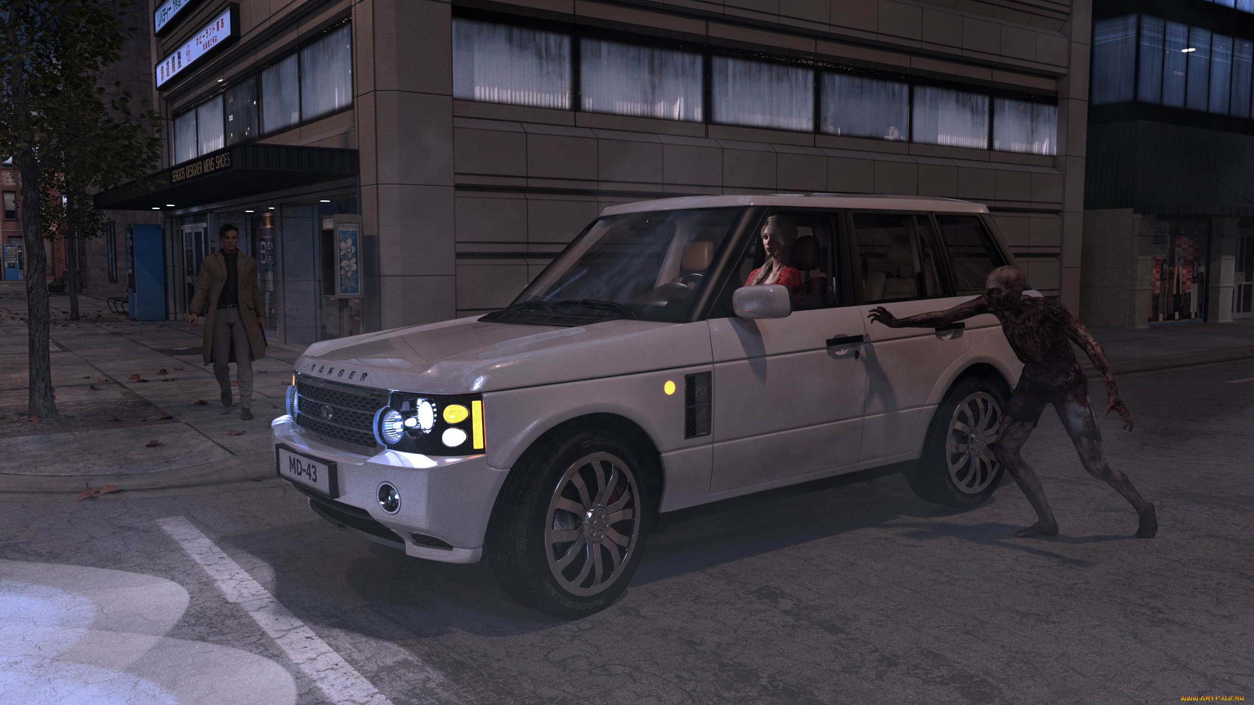 3д, графика, фантазия, , fantasy, зомби, взгляд, девушка, автомобиль, фон