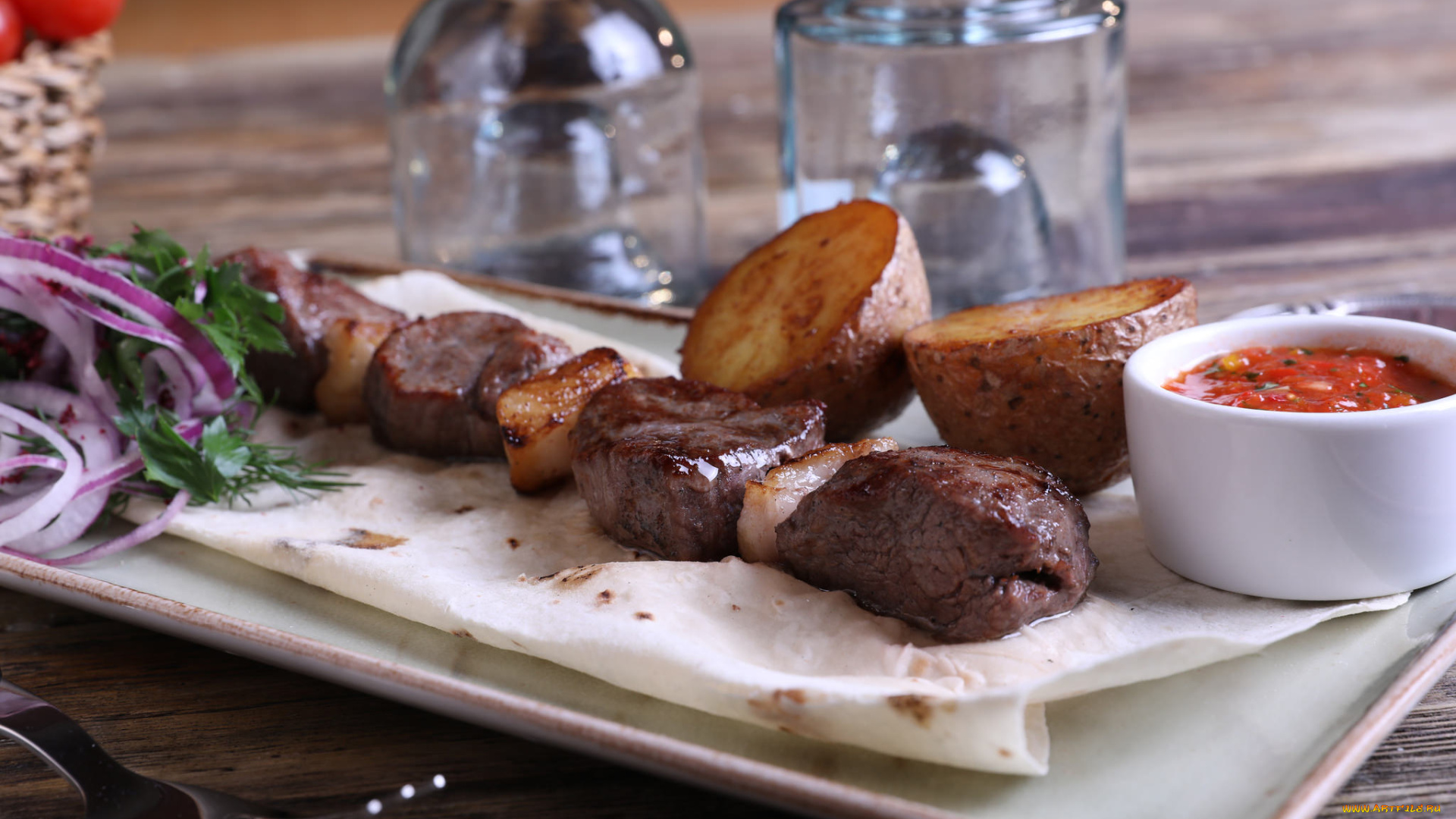 еда, шашлык, , барбекю, картофель, лук, соус