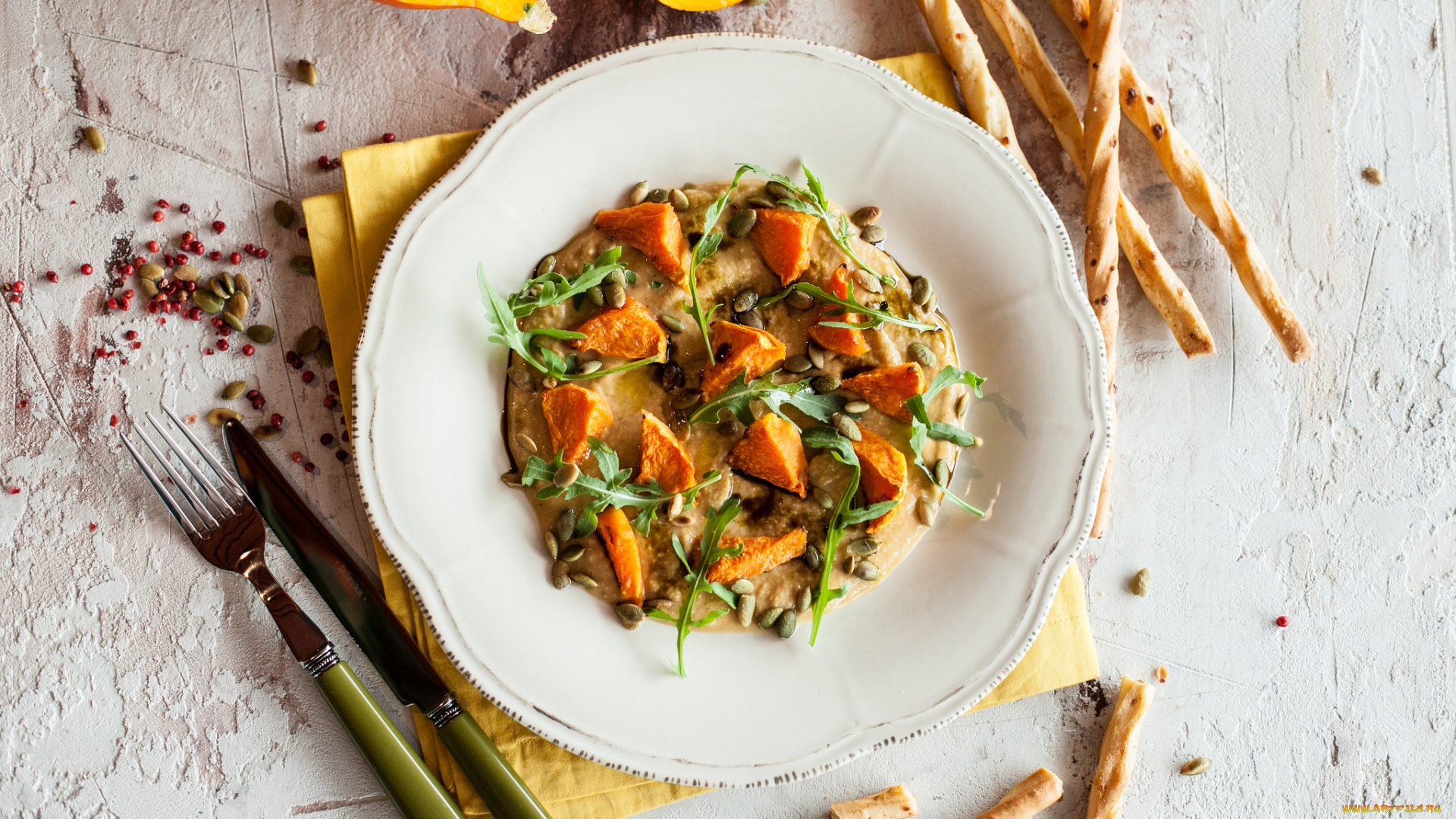 еда, вторые, блюда, тыква, второе, блюдо, столовые, приборы, орешки, зелень