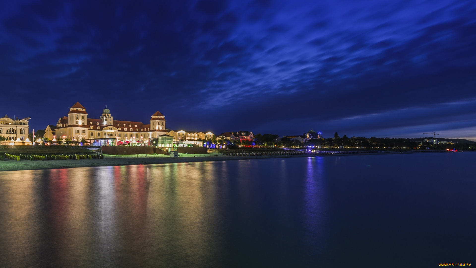 германия, города, -, огни, ночного, города, водоем, здания, фонари, освещение, ночь