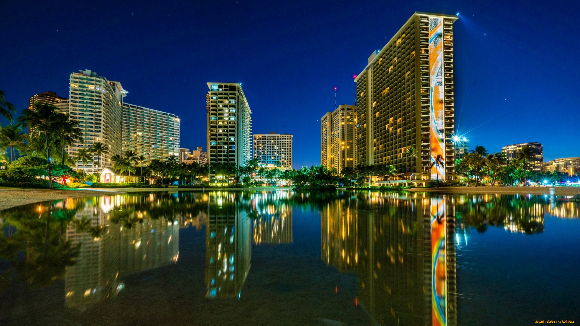 города, -, огни, ночного, города, пальмы, небоскребы, водоем