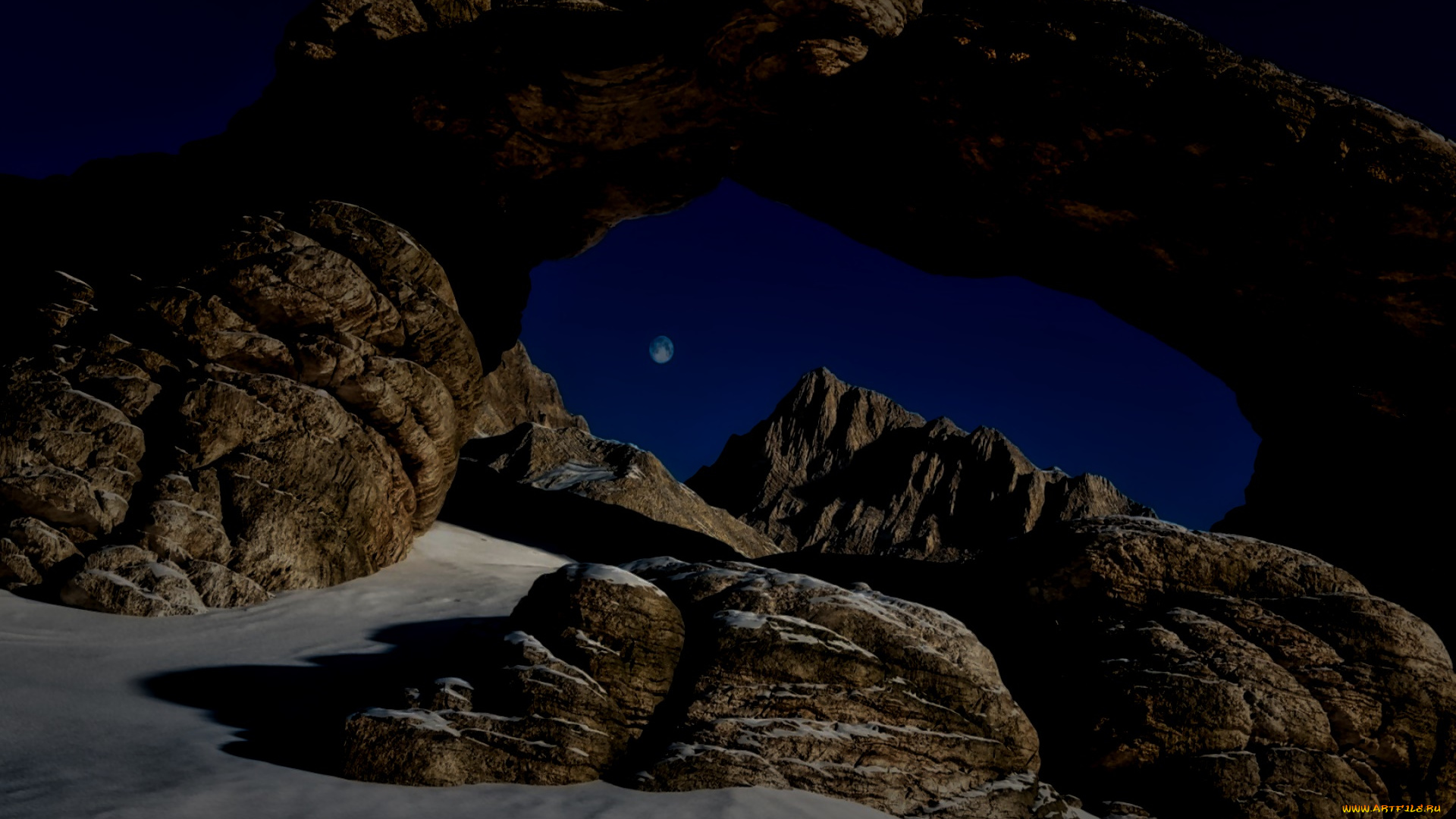 природа, горы, луна, скала, ночь, арка, камни