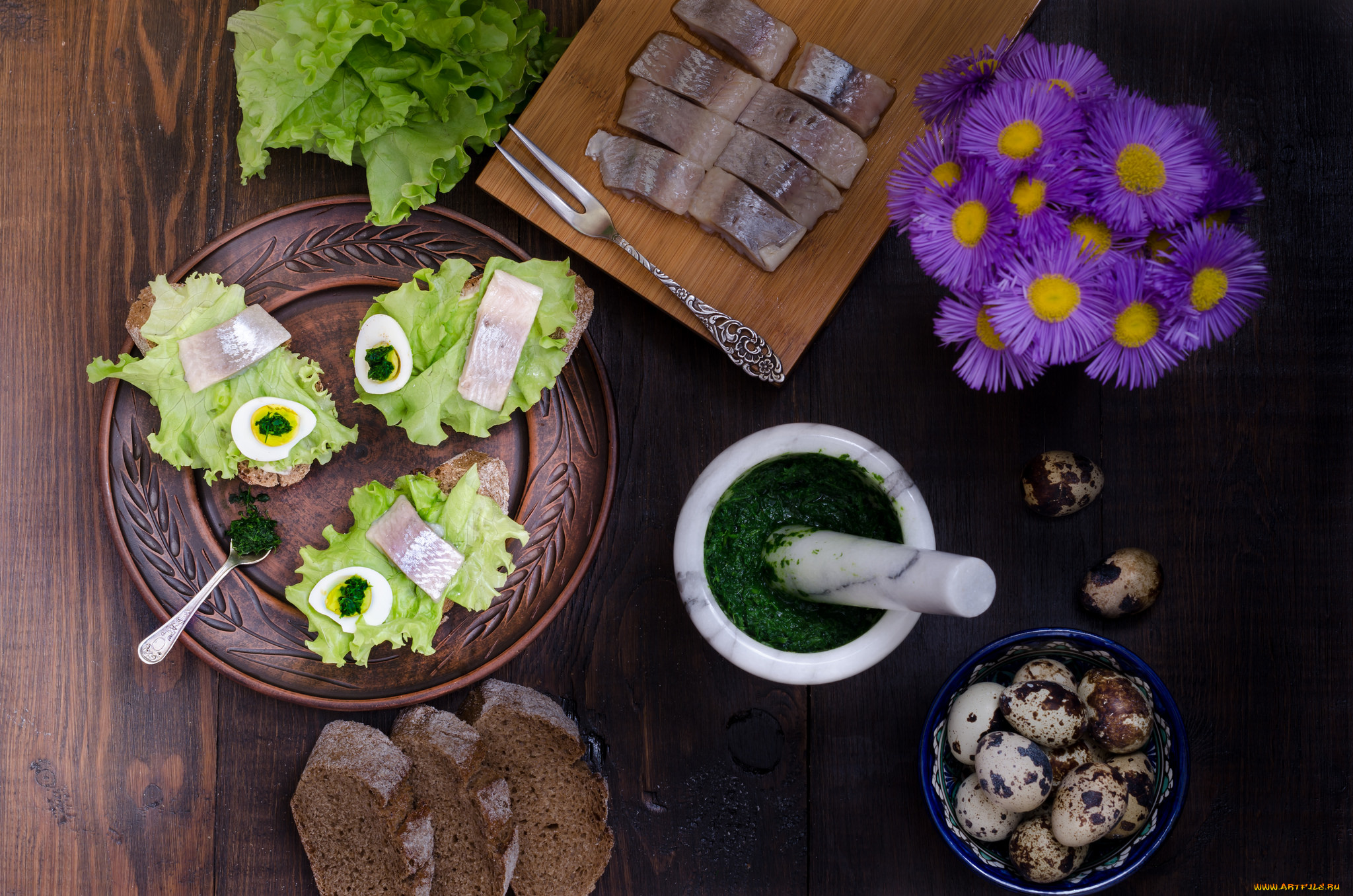 еда, бутерброды, , гамбургеры, , канапе, хлеб, зелень, бутерброд, селедка, цветы