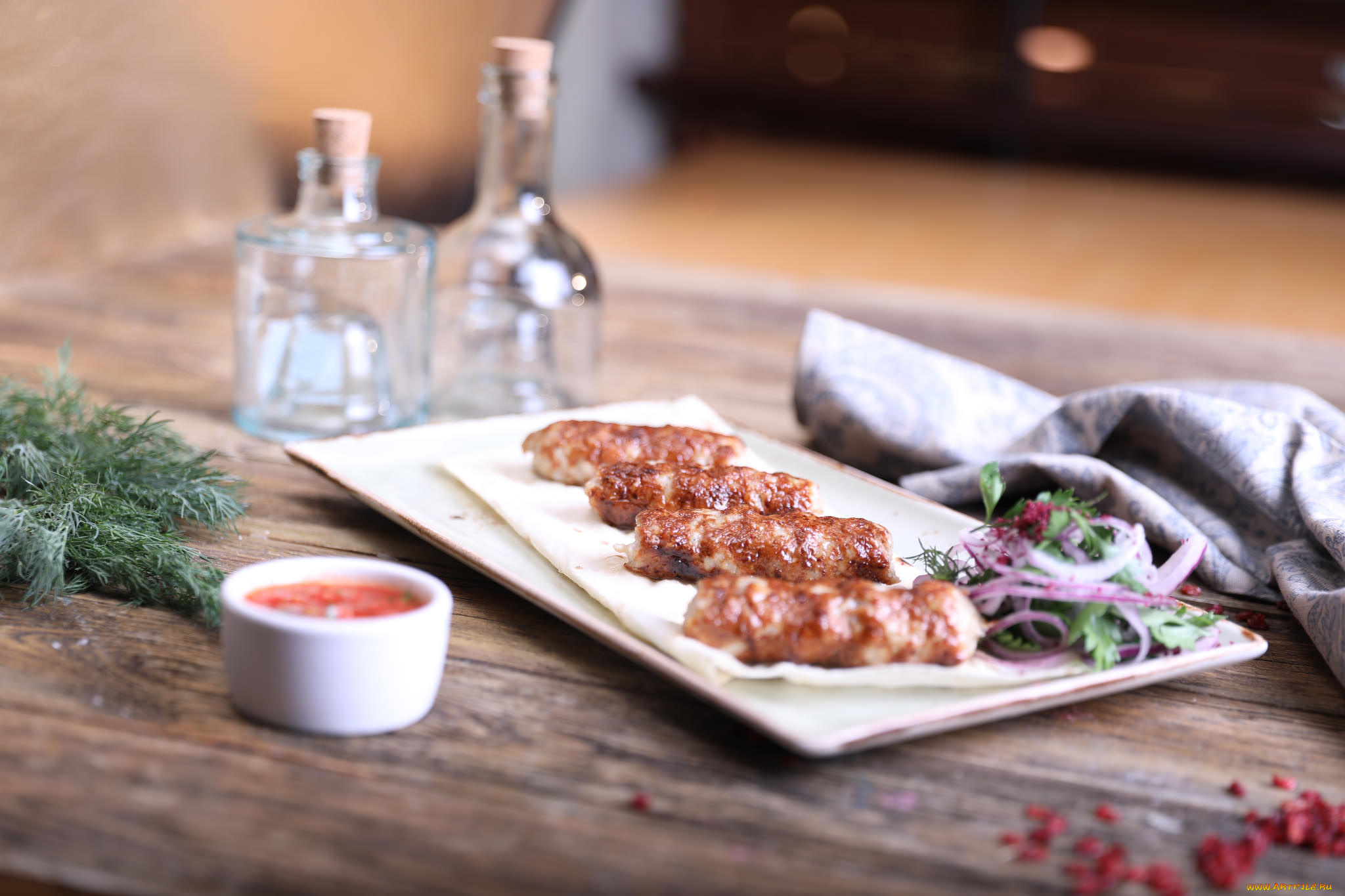 еда, мясные, блюда, соус, зелень, котлетки