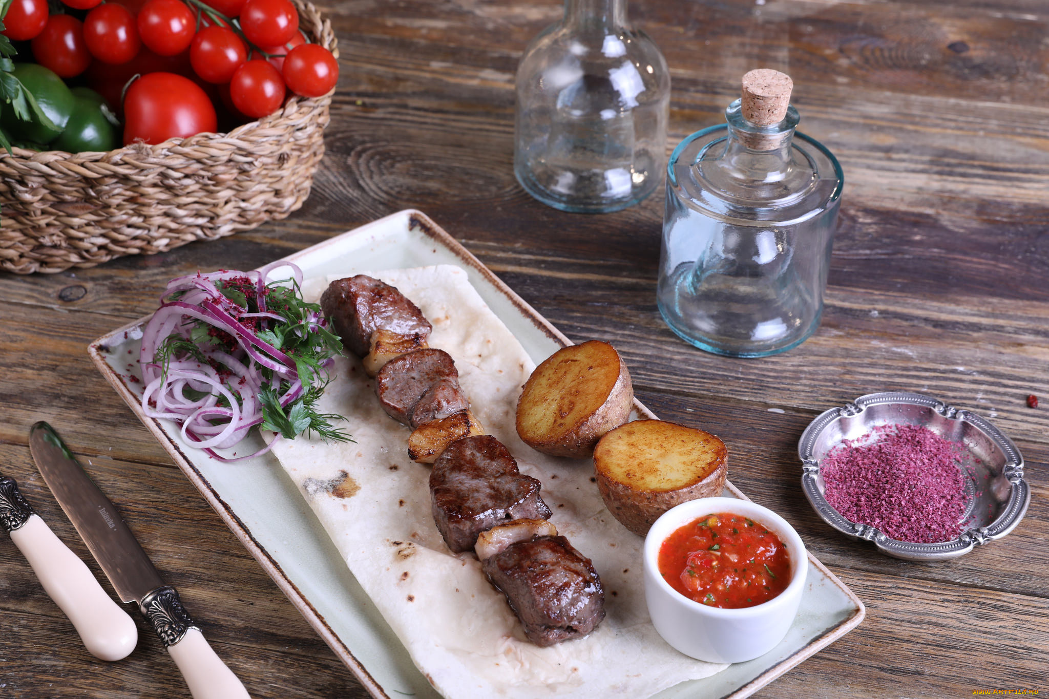 еда, шашлык, , барбекю, картофель, лук, соус