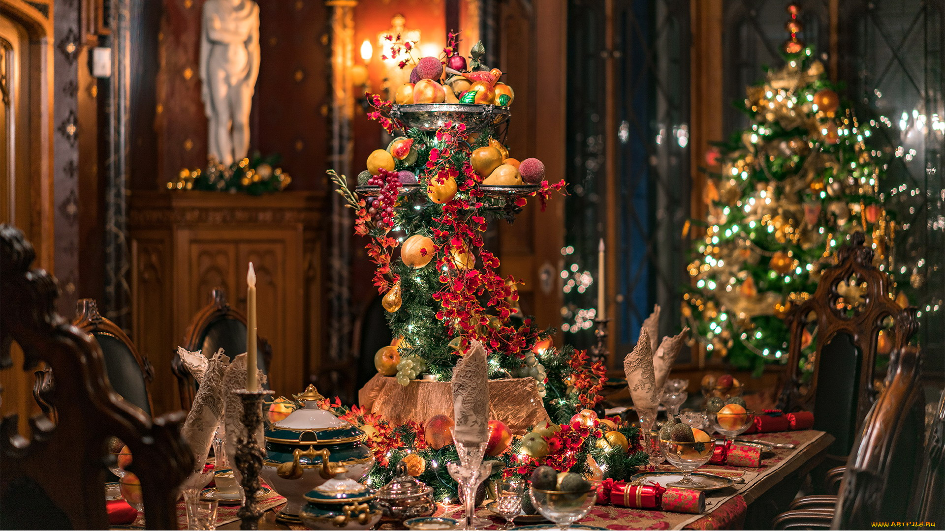 праздничные, сервировка, праздник, елка, стол