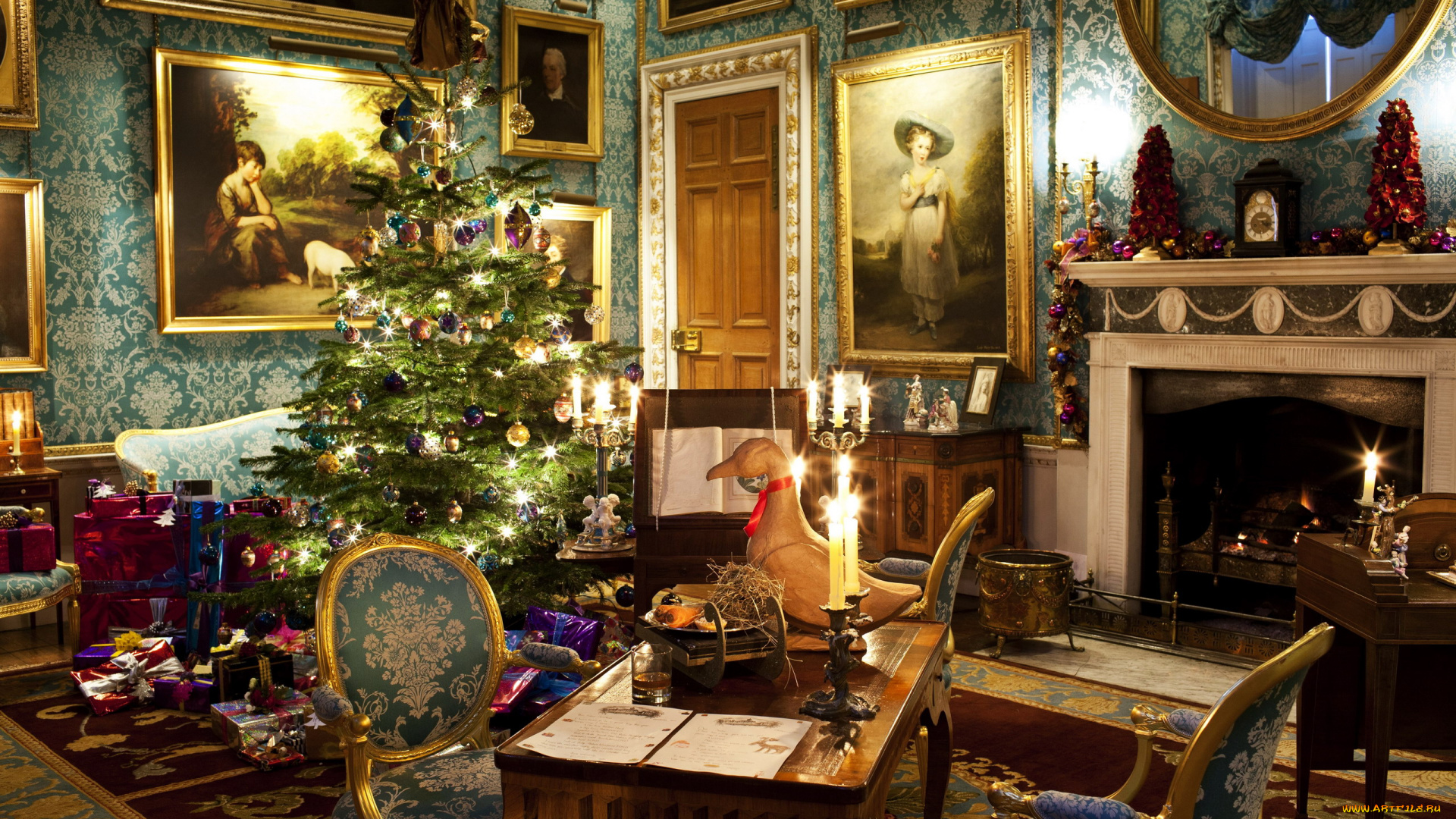 праздничные, Ёлки, подарки, елка, камин