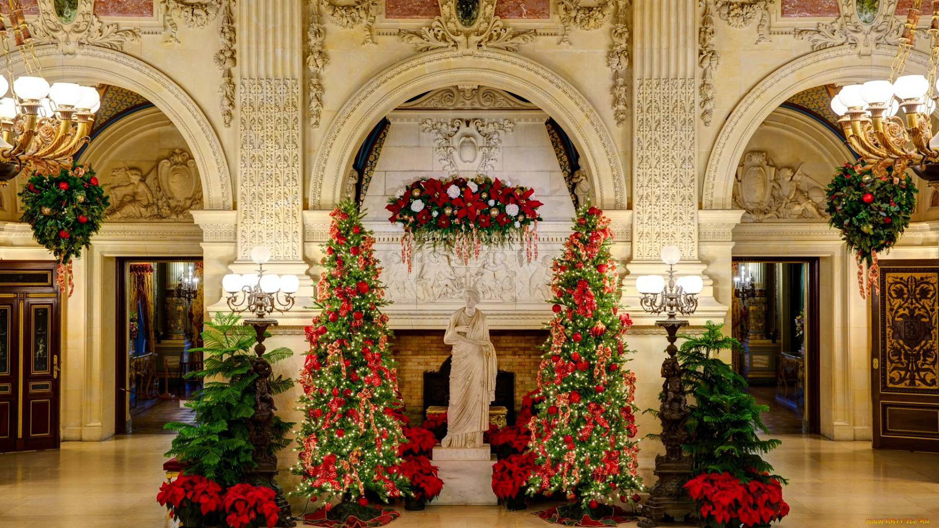 праздничные, Ёлки, пуансеттия, холл, елки