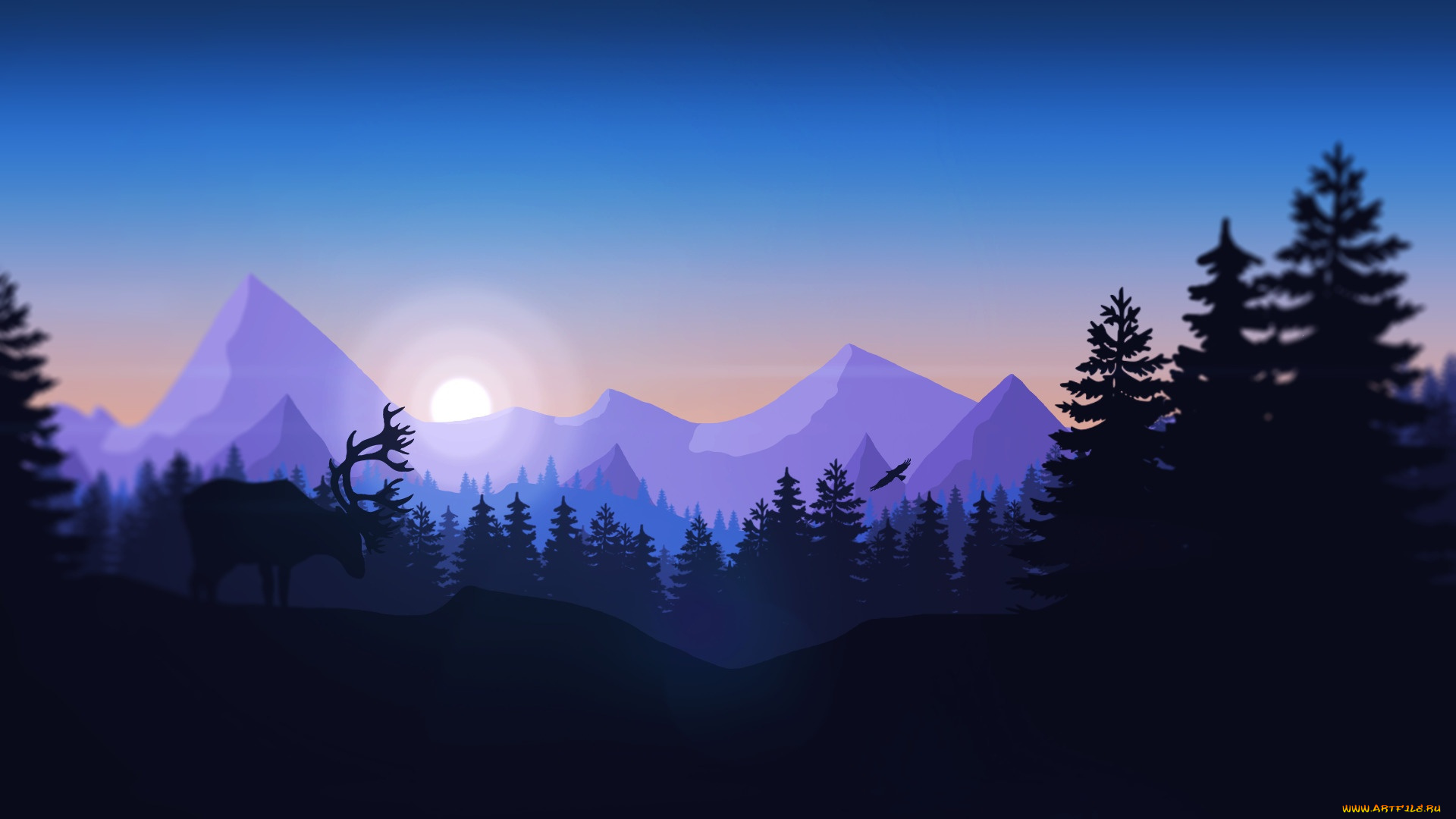 векторная, графика, животные, , animals, горы, птица, лес, вид, холмы, олень, пейзаж, животное, campo, santo, firewatch, пожарный, дозор