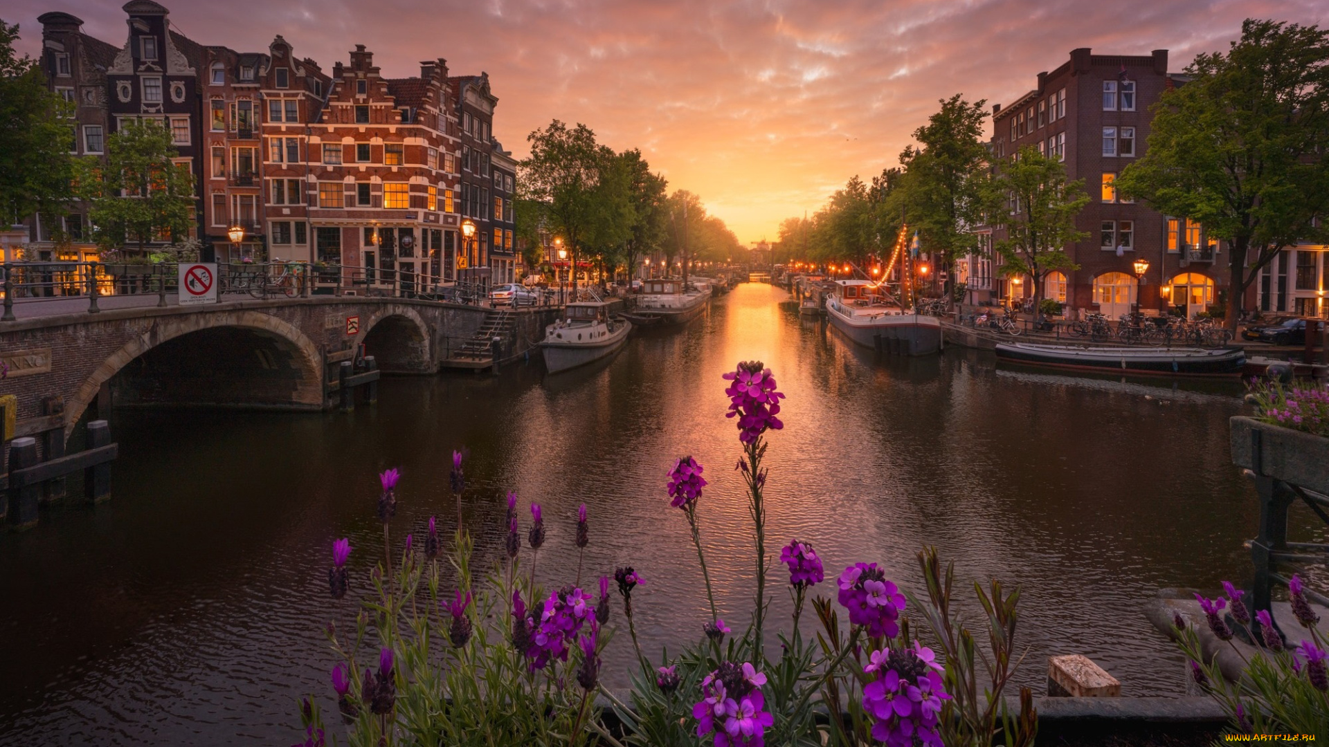 города, амстердам, , нидерланды, канал, вечер, огни