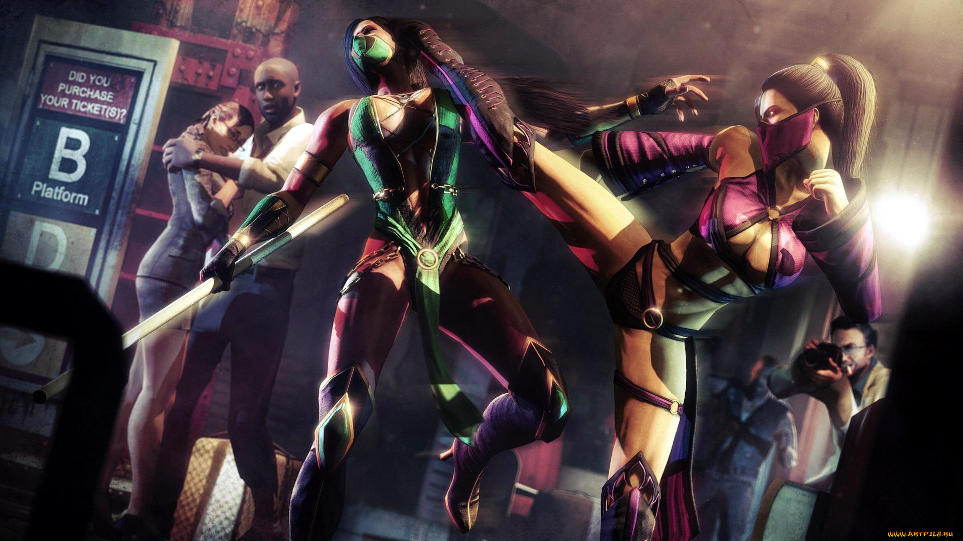 видео, игры, mortal, kombat, mileena, jade, девушки, поединок, люди, улица