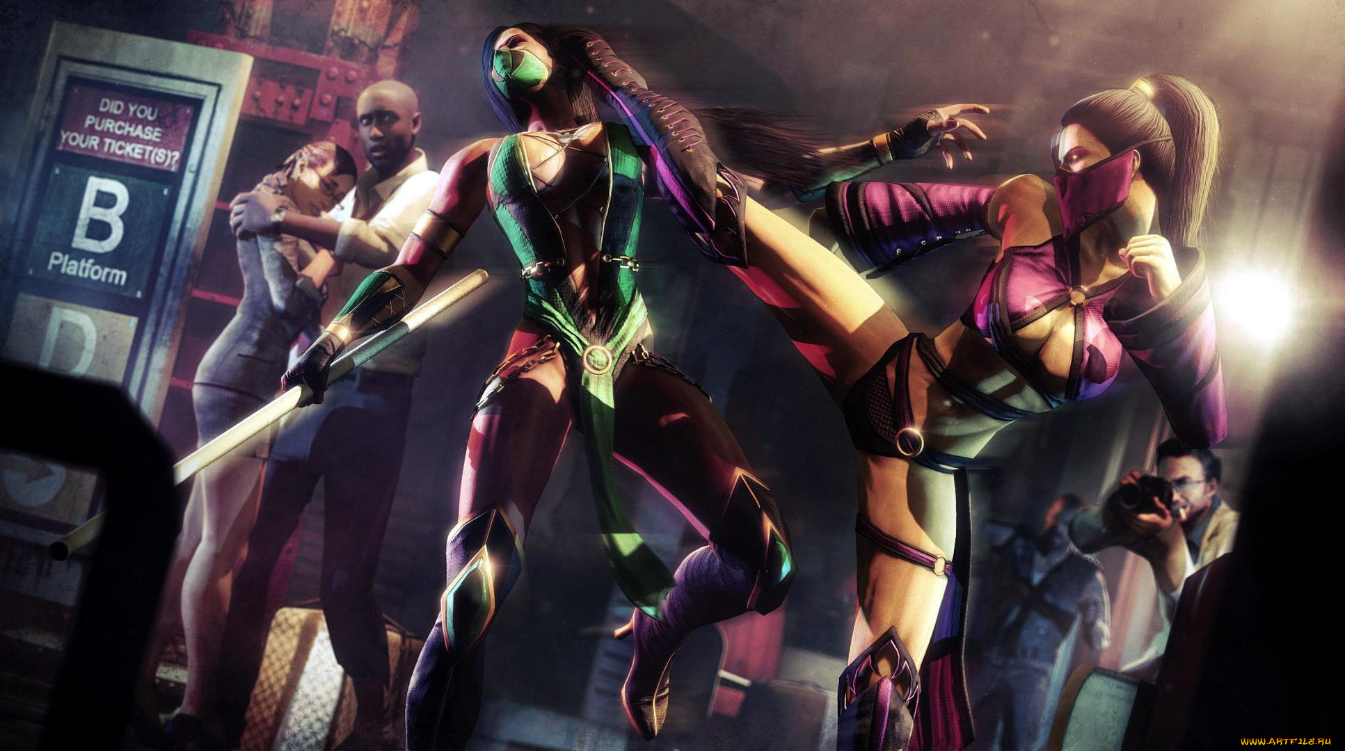 видео, игры, mortal, kombat, mileena, jade, девушки, поединок, люди, улица