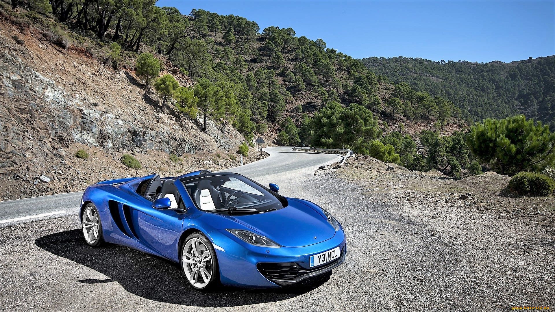автомобили, mclaren, синий, горы, лес