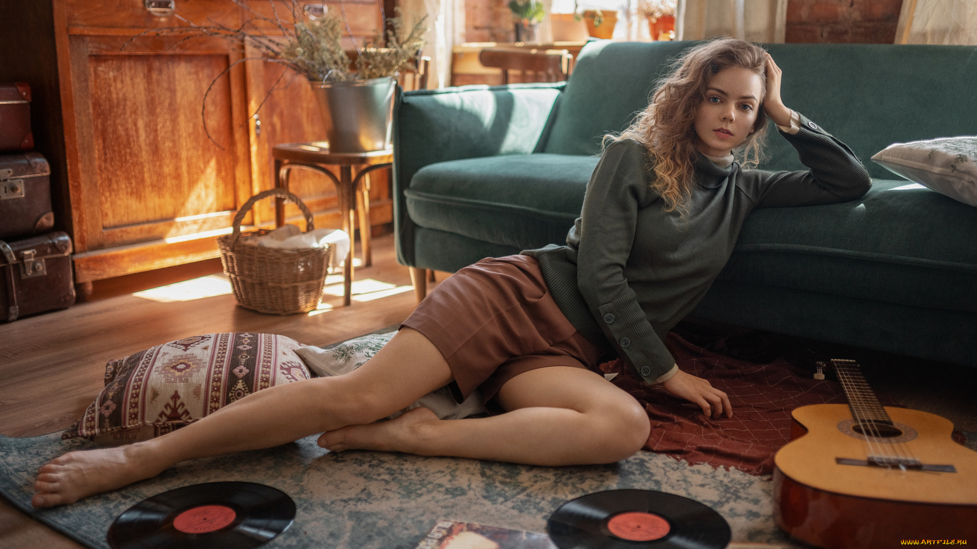 девушки, -, брюнетки, , шатенки, александр, куренной, женщины, босиком, гитара, беспорядок, винил