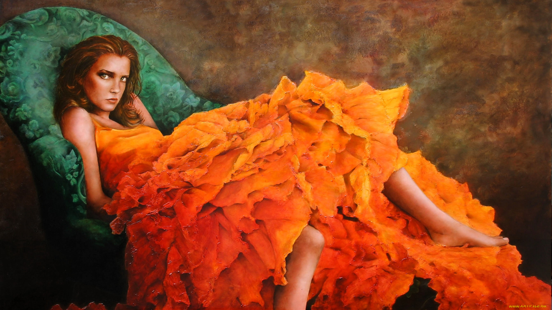 рисованное, люди, девушка, платье, кресло