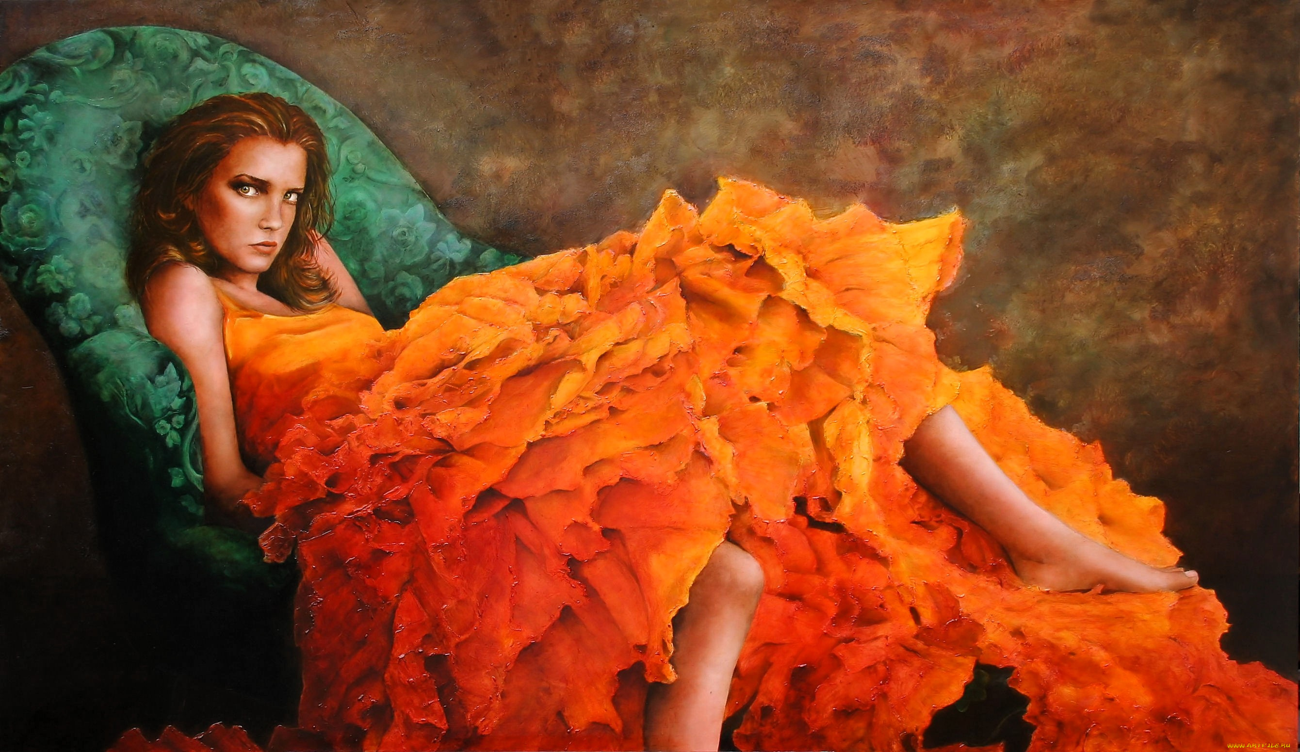 рисованное, люди, девушка, платье, кресло