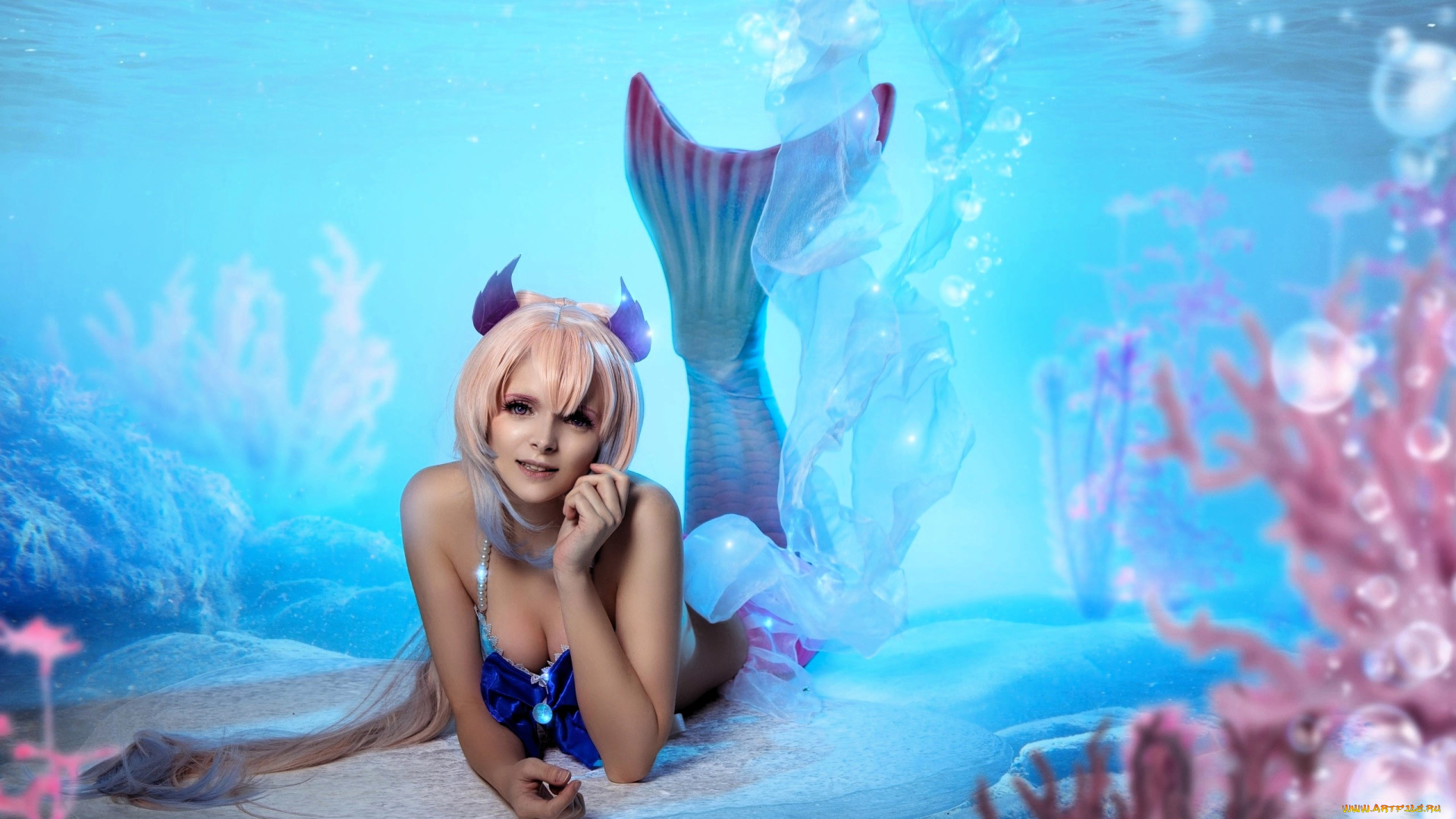 девушки, mari, aisu, образ, косплей, русалка, море, дно
