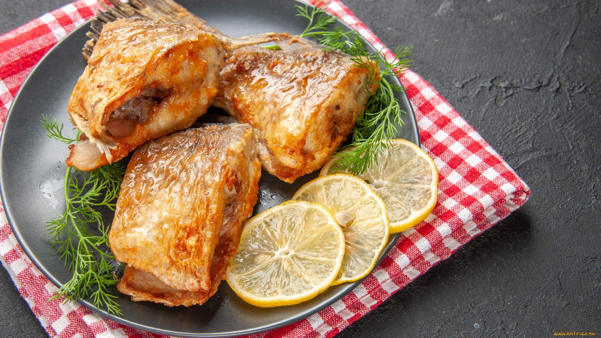 еда, рыбные, блюда, , с, морепродуктами, лимон, рыба, жареная, укроп