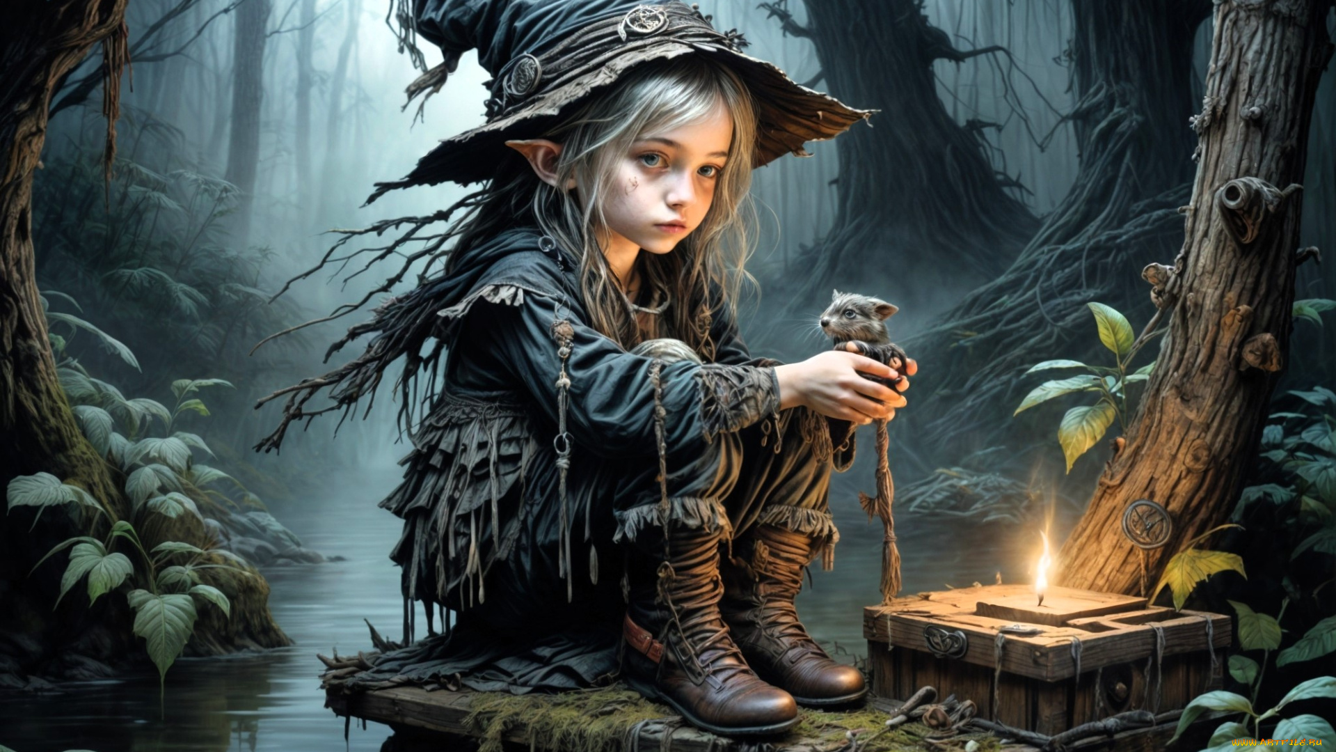 фэнтези, эльфы, эльф, ребенок, шляпа, сапоги, лохмотья, зверек, лес, ручей, свеча, ящик