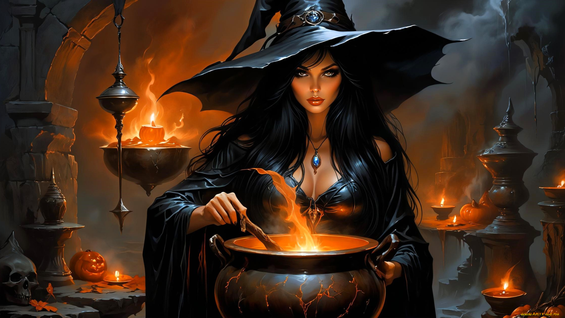 фэнтези, маги, , волшебники, девушка, ведьма, шляпа, котел, зелье, свечи, тыквы